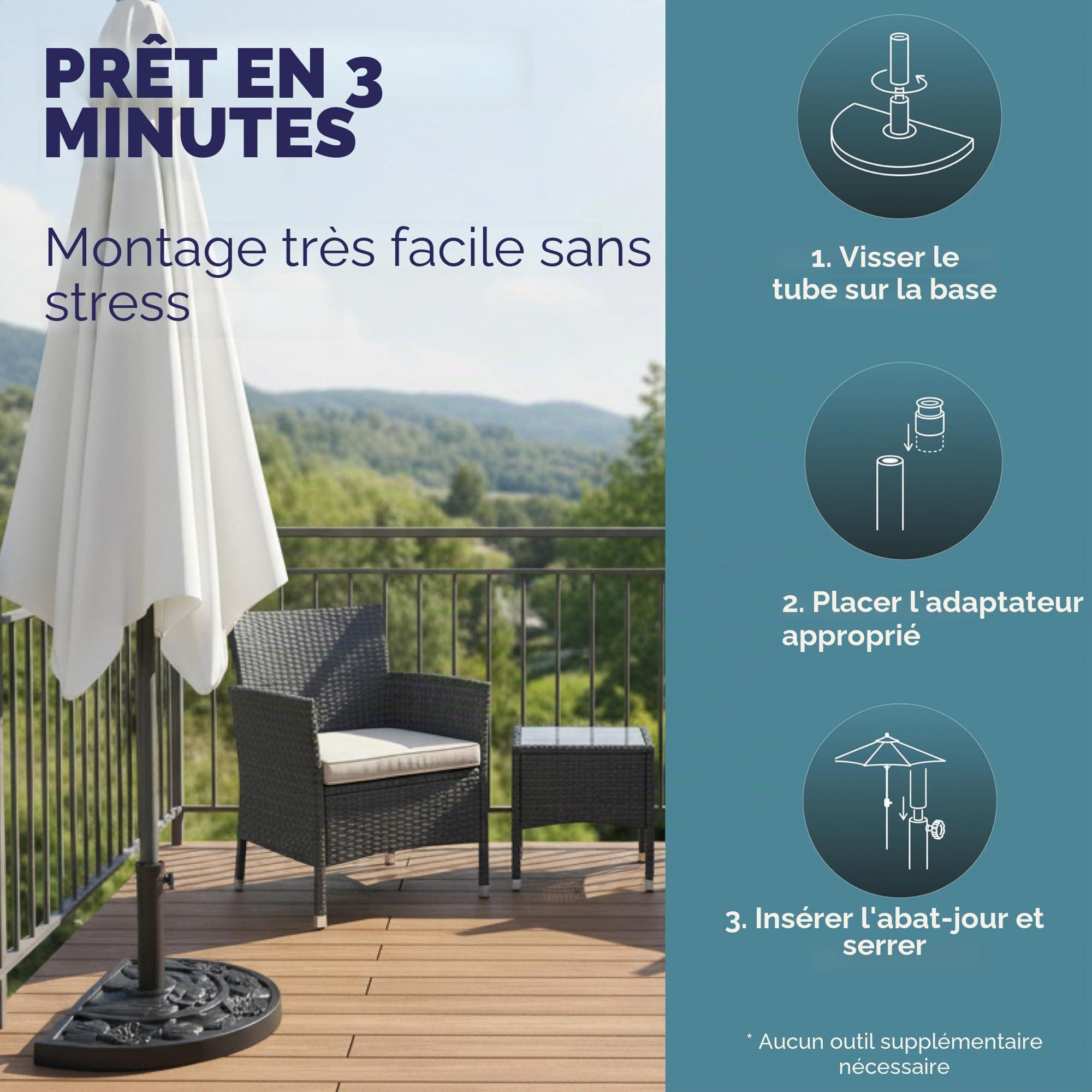 Deuba Demi-Pied de Parasol Noir Demi-Cercle Aspect Fonte Vintage et Motifs Floraux