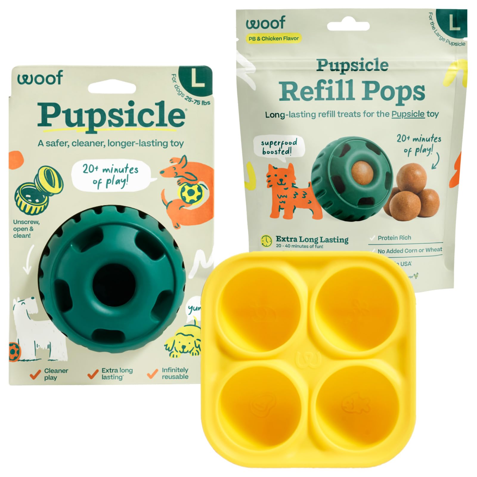 WOOF Starter Pack – Interaktives Hundespielzeug gegen Langeweile – Leckerli-Formen aus Silikon – gesunde Hundeleckerlis mit Hühnergeschmack – Pupsicle Dog Enrichment Toy – Großes Hundespielzeug –