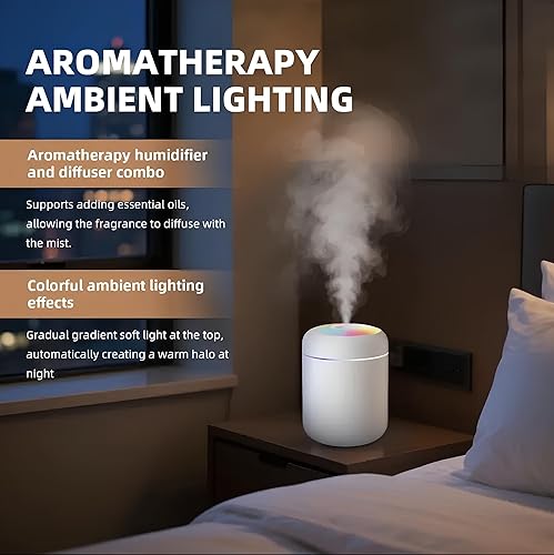 Miniatura 6 de Difusor de aceite de aromaterapia eléctrico USB 2 en 1 humidificador de aire ultrasónico con luz colorida para oficina en casa y coche (blanco)