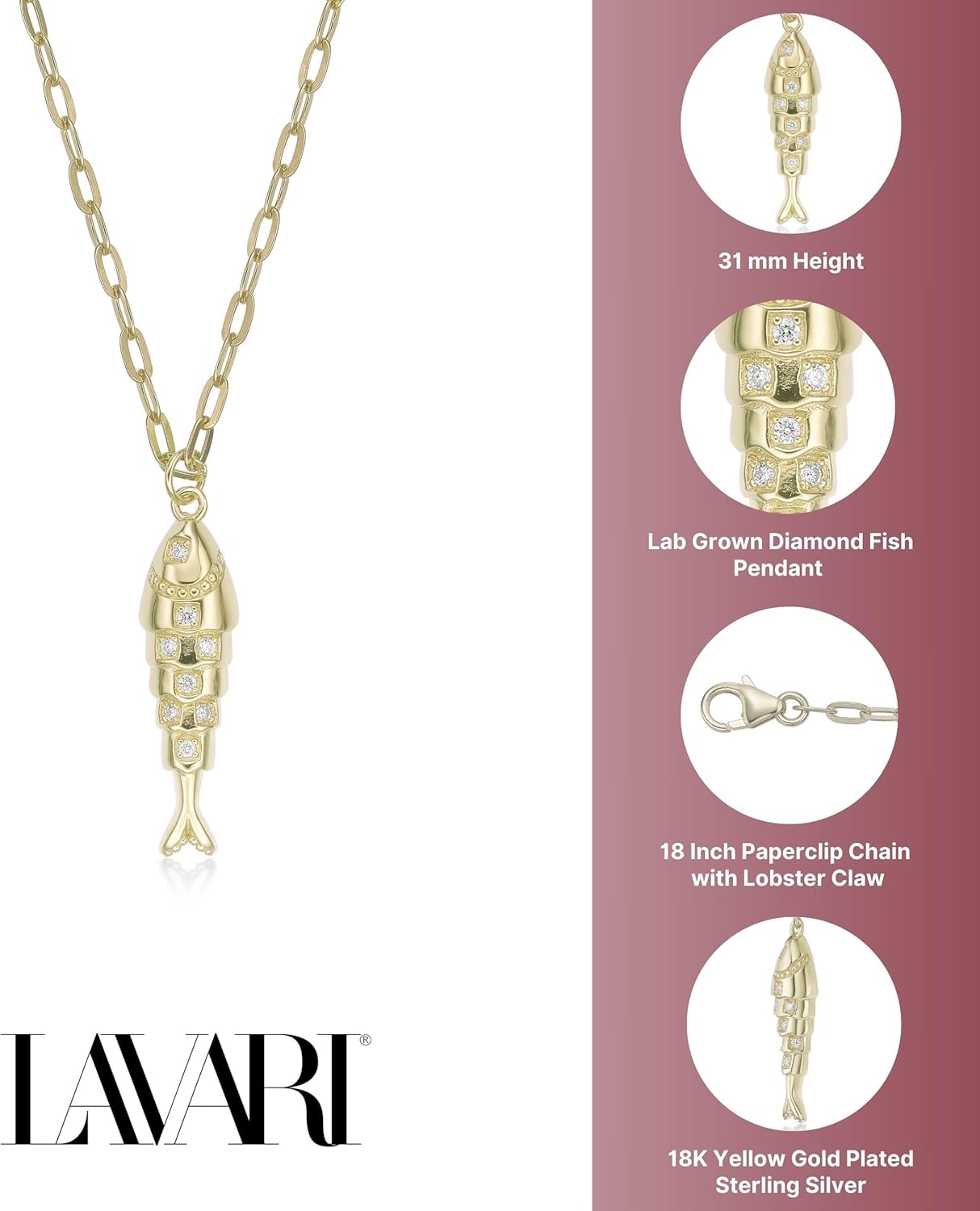 Lavari Jewelers 1/10 Carat Lab Grown Diamond Fish Pendant for Women - 18k Yellow Gold Plated 925 Sterling Silver Diamond Pendant Necklace for Her - Adjustable 16 to 18 Inch Chain w Lobster Claw Clasp - Image 6