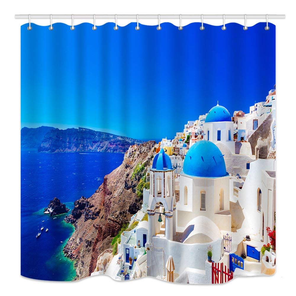 JOOCAR Bathroom Decorative, Greek Scenery Santorini White Stone Palace European City Seaside Landscape