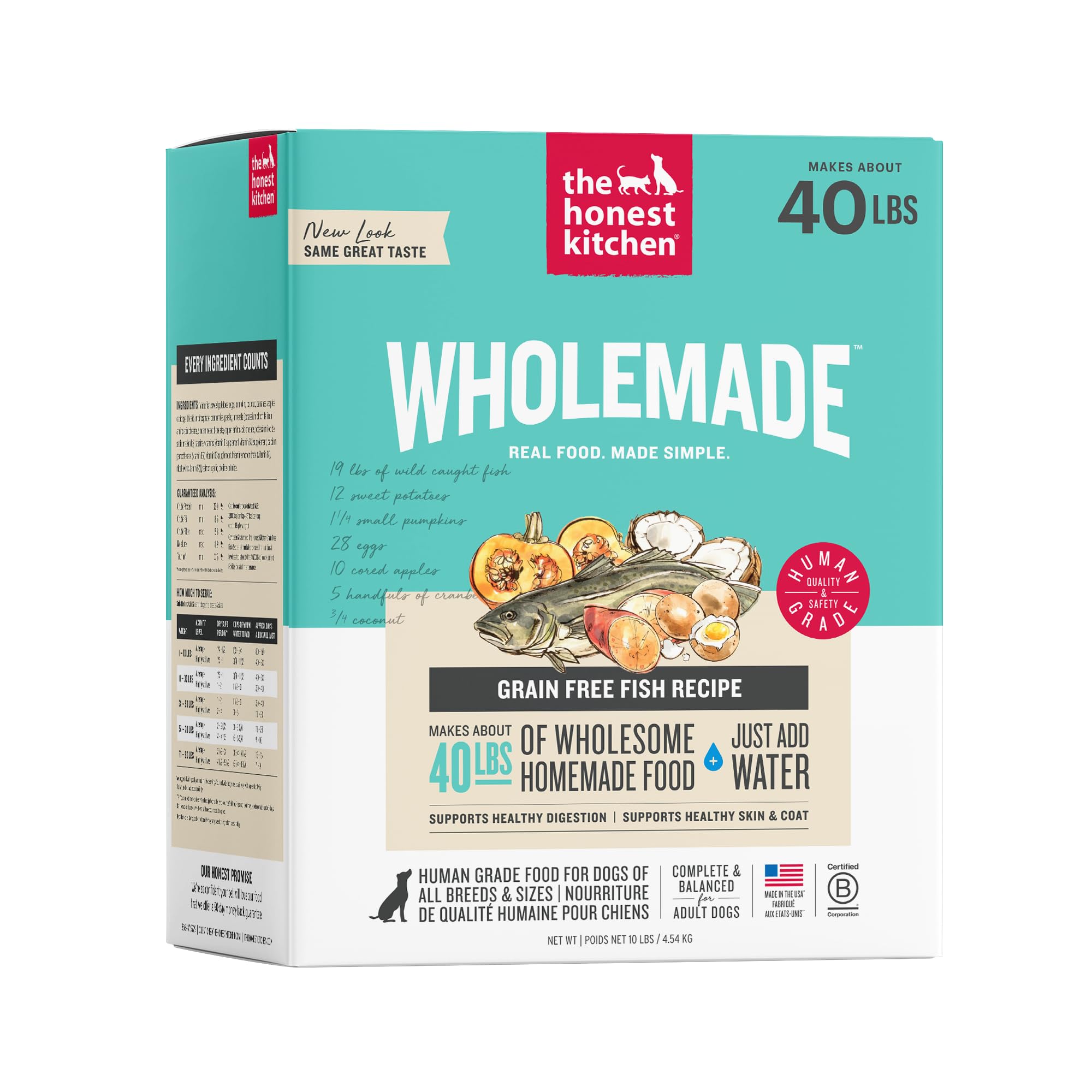 The Honest Kitchen Wholemade Grain Free Fish Recipe, Human Grade Dehydrated Dog Food, Just Add Water, Supports Healthy Digestion, Skin &amp; Coat, Topper for Dry or Wet Dog Food, 10 lb Box Makes 40 lbs