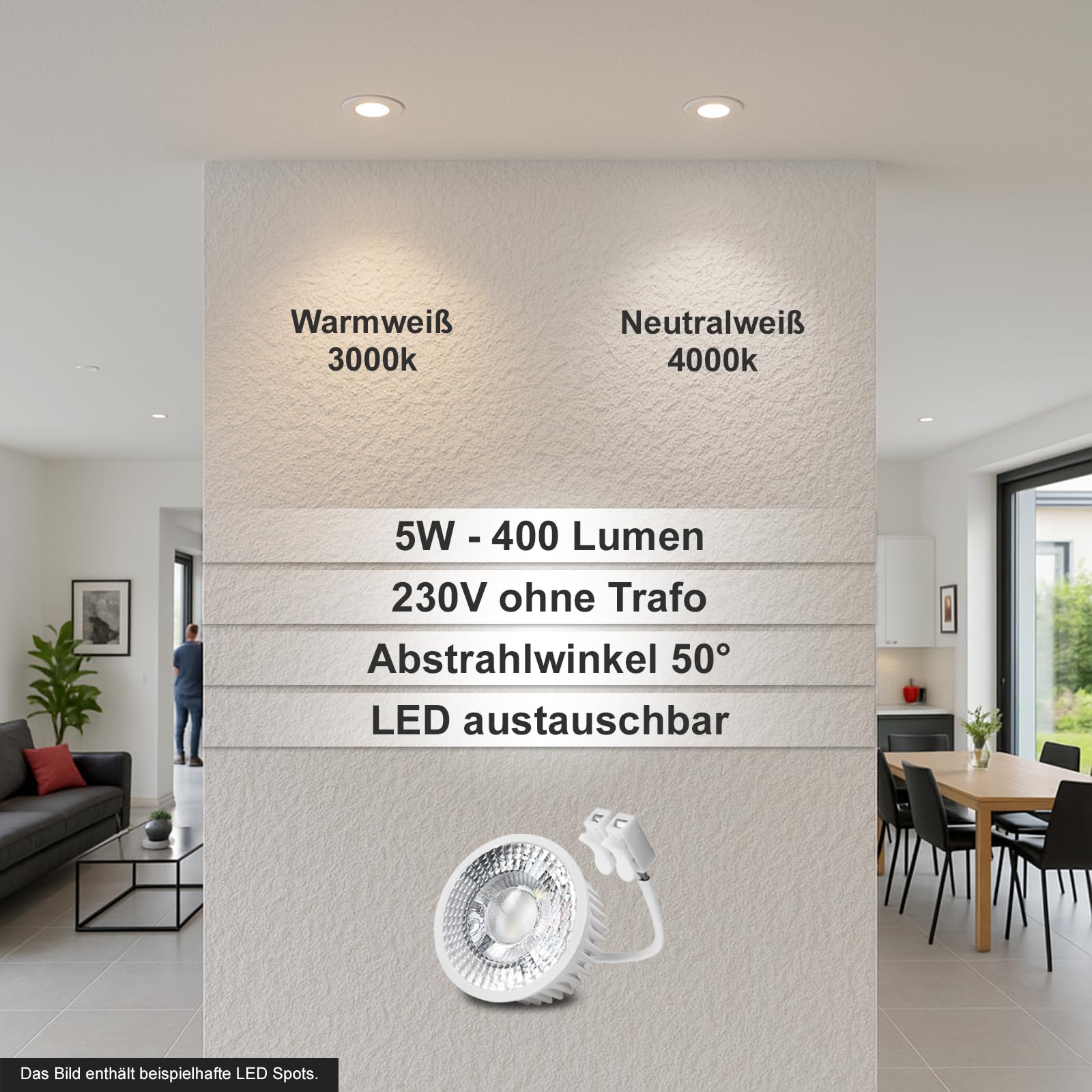 trendlights24 Decora LED Decken Einbaustrahler flach 35 mm 5W 230V 10er Set | Weiß, rund, LED Spots, Warmweiß, 3000k, 400lm, austauschbar, Einbauleuchte, schwenkbar, 68 mm Lochmaß