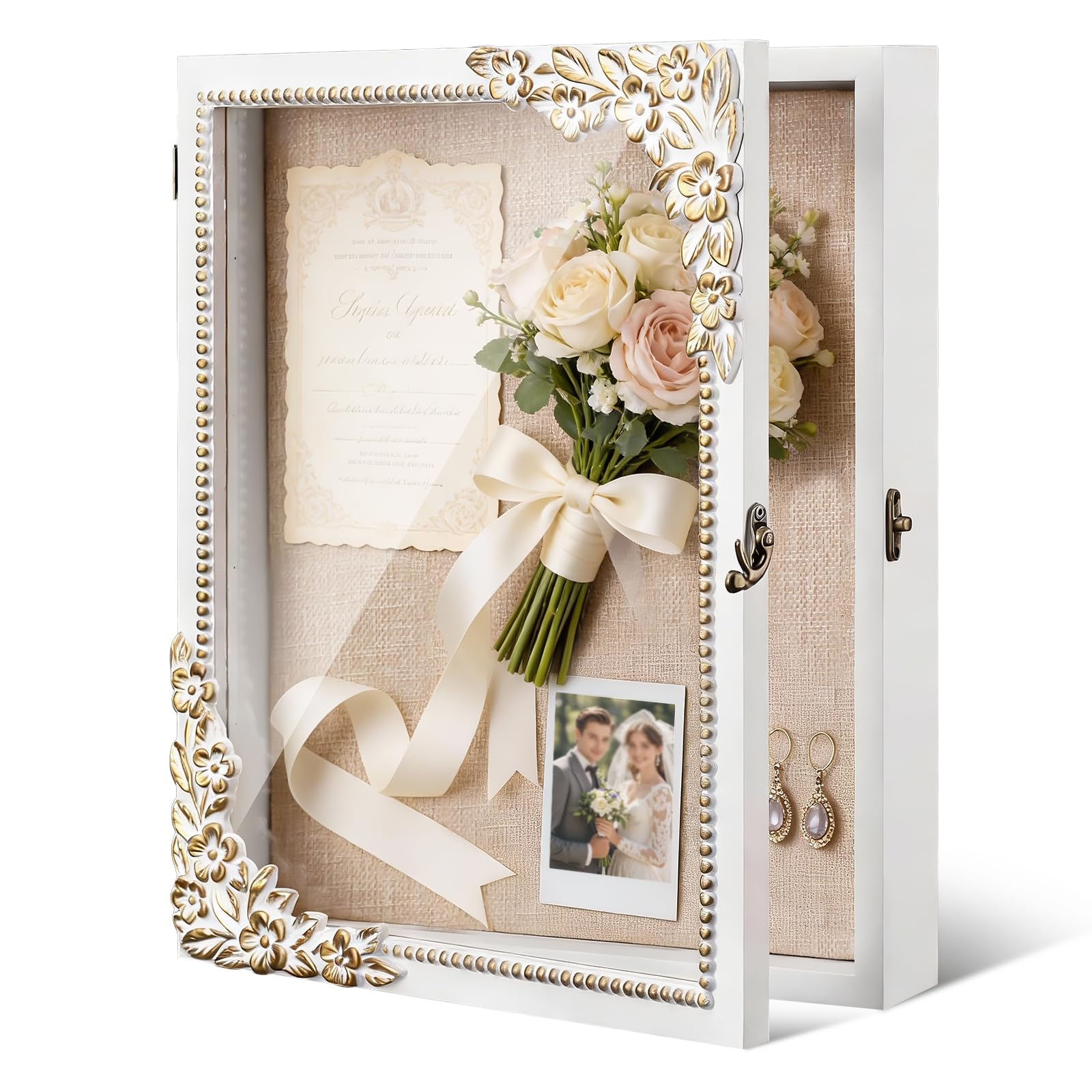 Photo 1 of ** see notes ** JeSemGro 11x14 Shadow Box Frame - Vintage Gold & White Wood Display Case with Metal Latch & Real Glass - Large Memory Box Shadowbox for Wedding, Graduation, DIY - Pet Memorial & Loved One Remembrance