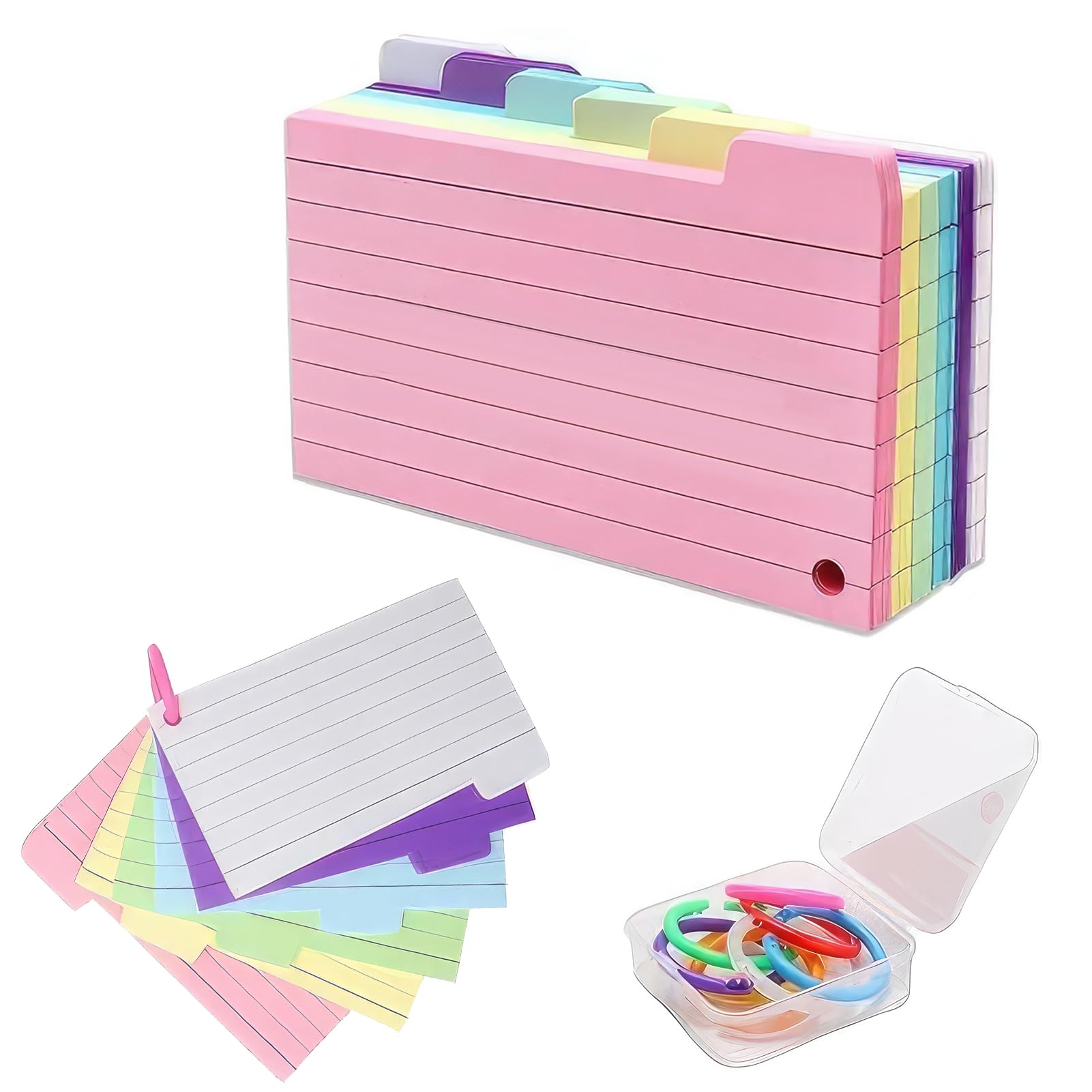 150 Stück Linierte Karteikarten, praktische Aufbewahrung, Flash Cards, Vokabelkarten, 8 Binderinge, bunt, für Notizen, Lernen, Schule, Büro, Zuhause Bürobedarf & Schreibwaren