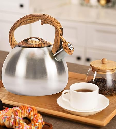 Miniatura 8 de Estufa de té silbante de 3.2 cuartos de galón, ollas de té para estufa, acero inoxidable de grado alimenticio con mango de patrón de madera, color