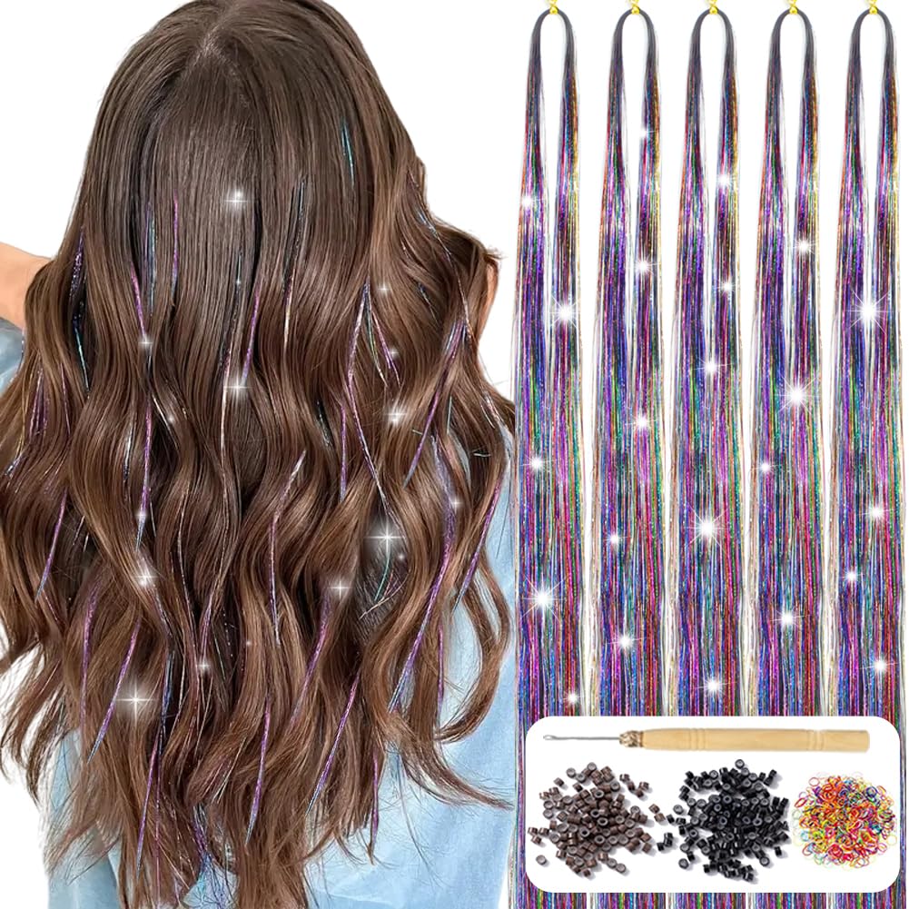AIFIHIYI Hair Tinsel, (48 Inch 5pcs 1200 Strands) Colorful Glitter Tinsel Hair Extensions Fairy Hair Tinsel Kit Heat Resistant Sparkling Hair Tensile