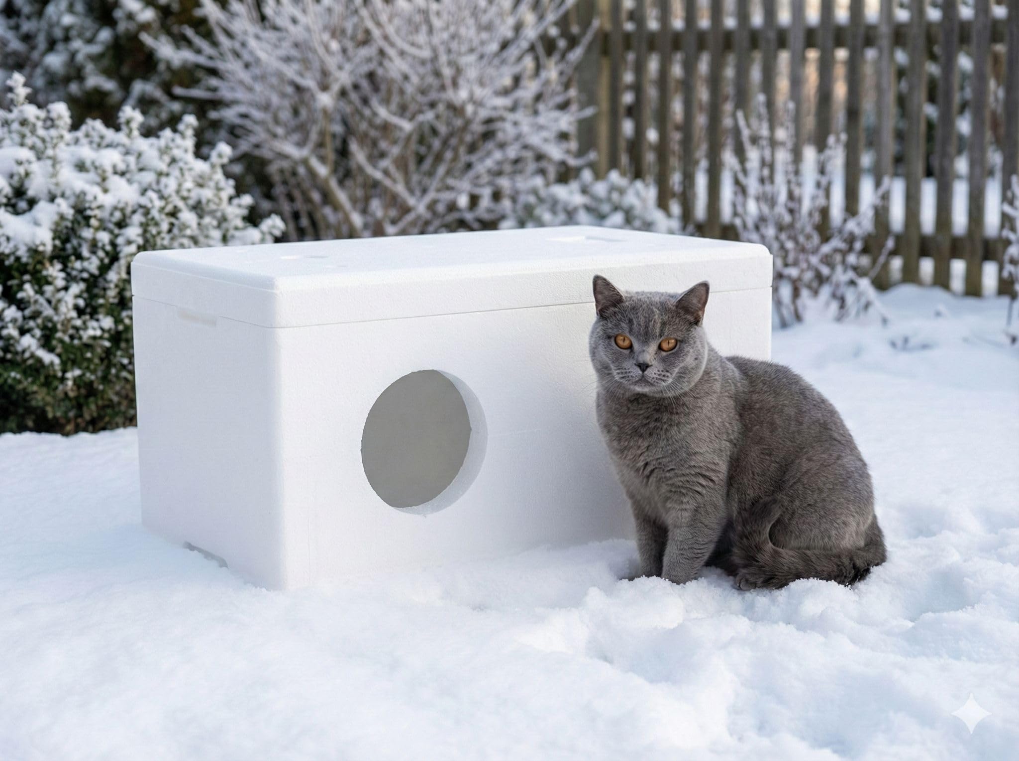 Styropor Katzenhaus für Winter Isoliertes Katzenhäuschen Outdoor (58x38x27cm) – Winterfestes Katzenquartier mit 40mm Wandstärke Wetterfeste Schlafhöhle für Katzen & Streuner – Thermobox Weiß