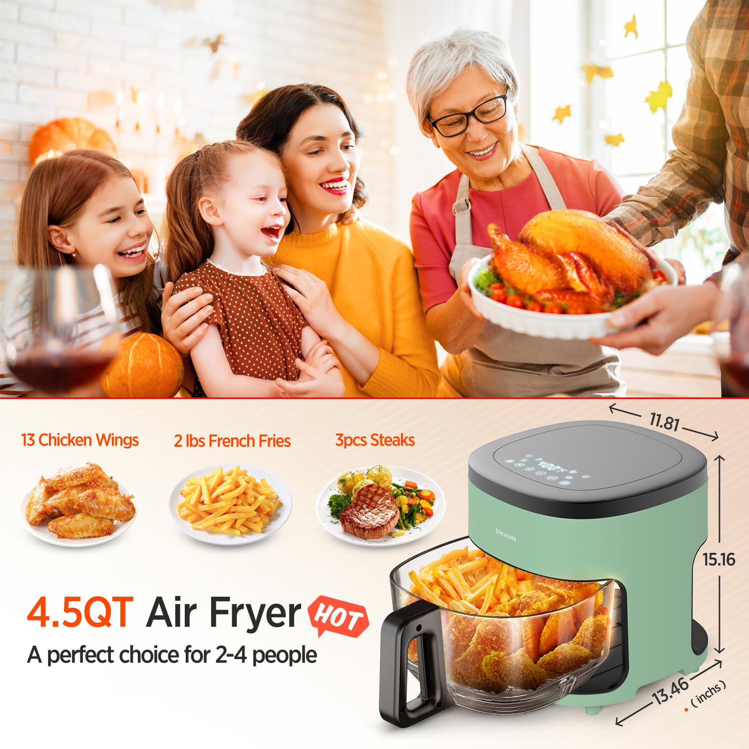 Vexon 6-IN-1 Glass Air Fryer,4.5QT Air Fryer with Viewing Glass Pot, Air Fry, Roast, Reheat