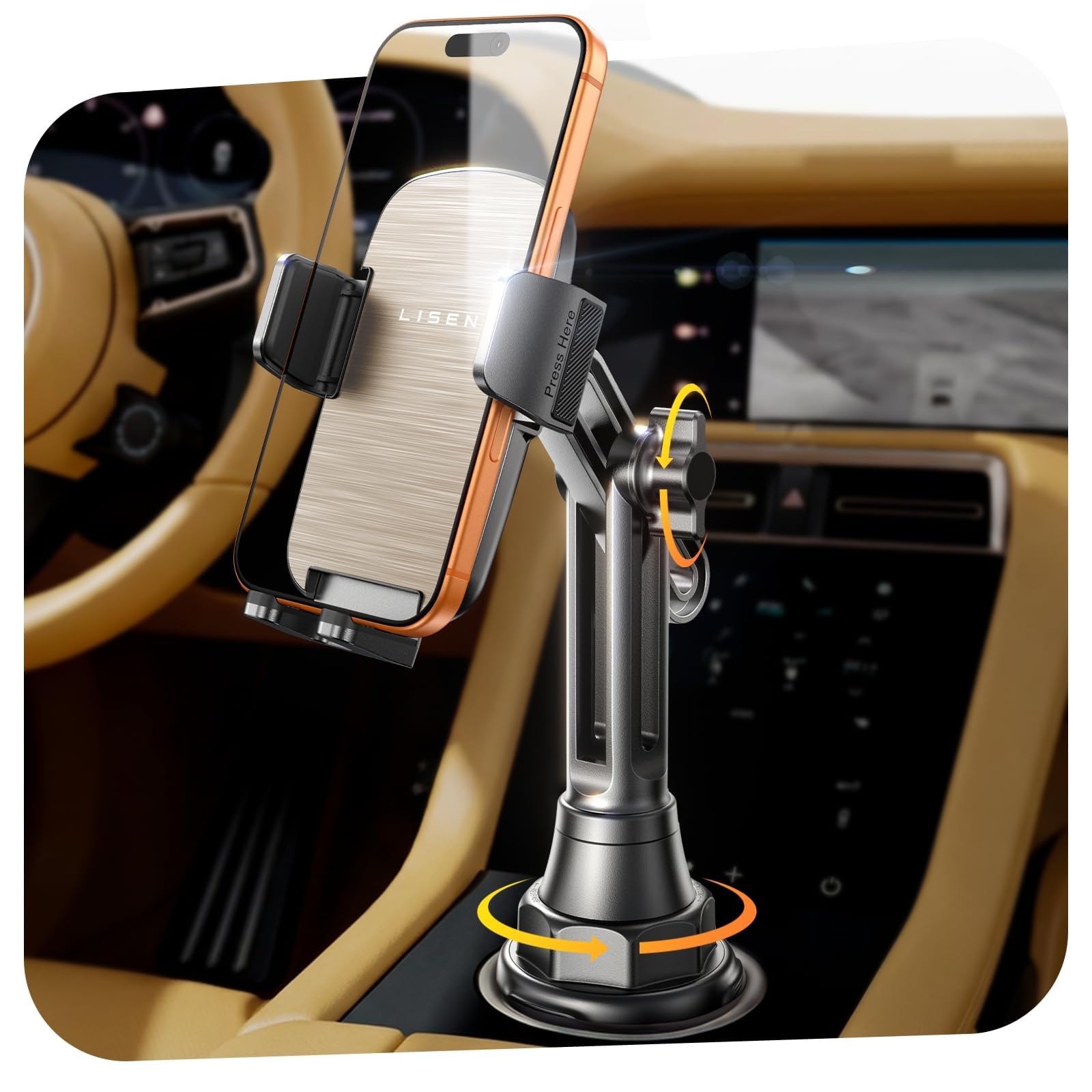 LISEN Cup Phone Holder for Car [Upgraded Version] Long Neck 360° Adjustable [Thick Cases Friendly] for iPhone 16e 16 15 14 13 Pro Max Samsung S25 All 4-7'' Phone, Gold
