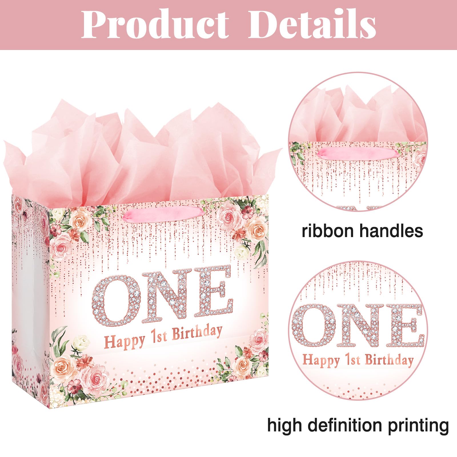 Laidans Rose Gold One Year Old Happy Birthday Gift Bag with Tissue Paper and Card for Bday Party Supplies (Rose Gold) (1st)