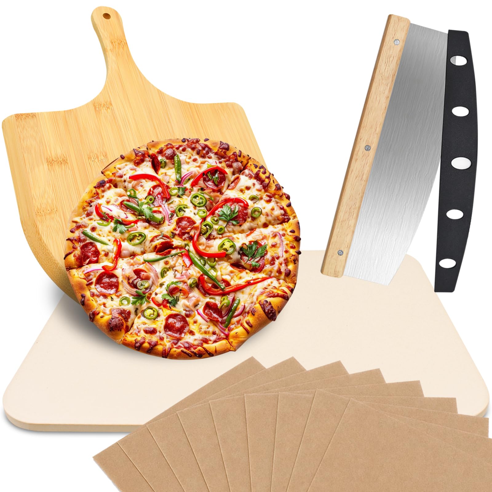 Pizzastein Set, 38x30cm Pizza Stein Rechteckig für Backofen, Gasgrill & Grill mit Pizzaschaufel aus Bambus, Pizzamesser, Antihaft-Backpapier Pizza-Zubereitungsset für knusprige Böden