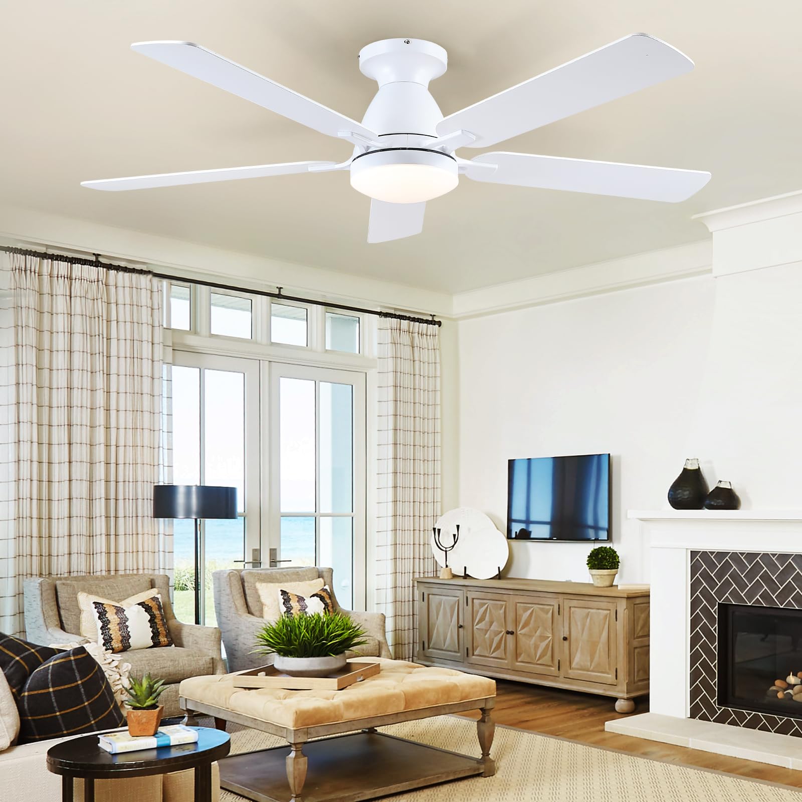Kviflon Deckenventilator mit Beleuchtung und Fernbedienung Leise 132 cm, Deckenventilator mit Licht für Schlafzimmer Wohnzimmer, Dimmbar Niedrige Decken, DC Motor, 5 Holz Flügel, Weiß