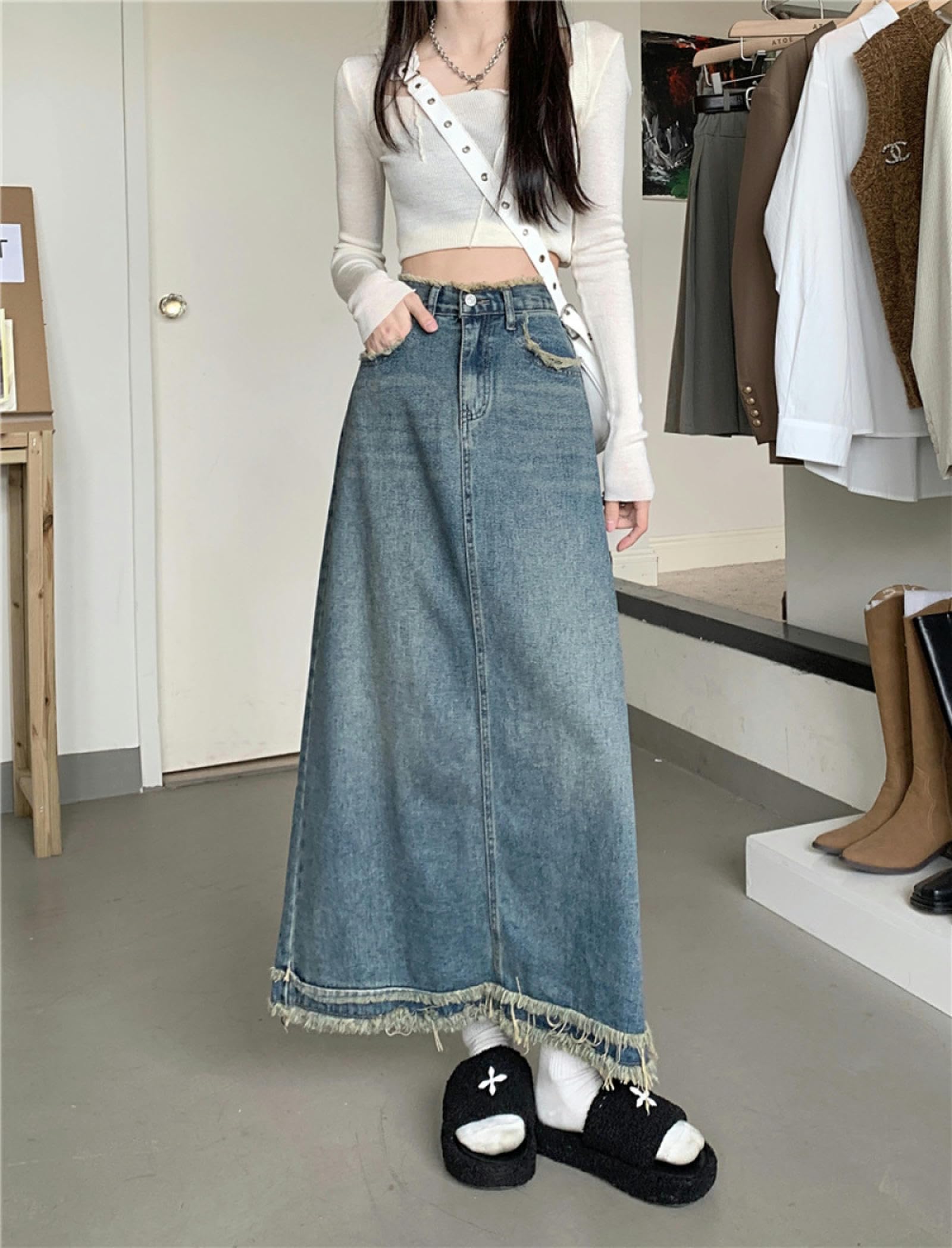 Falda Larga Vintage Azul Mujer Otoño Invierno Cintura Alta Paraguas Borde Crudo Vaquera Y2K