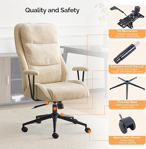 Miniatura 4 de VINGLI Silla de oficina ergonómica ejecutiva de felpilla con reclinable de 100-130, silla de escritorio con respaldo alto con base ajustable,