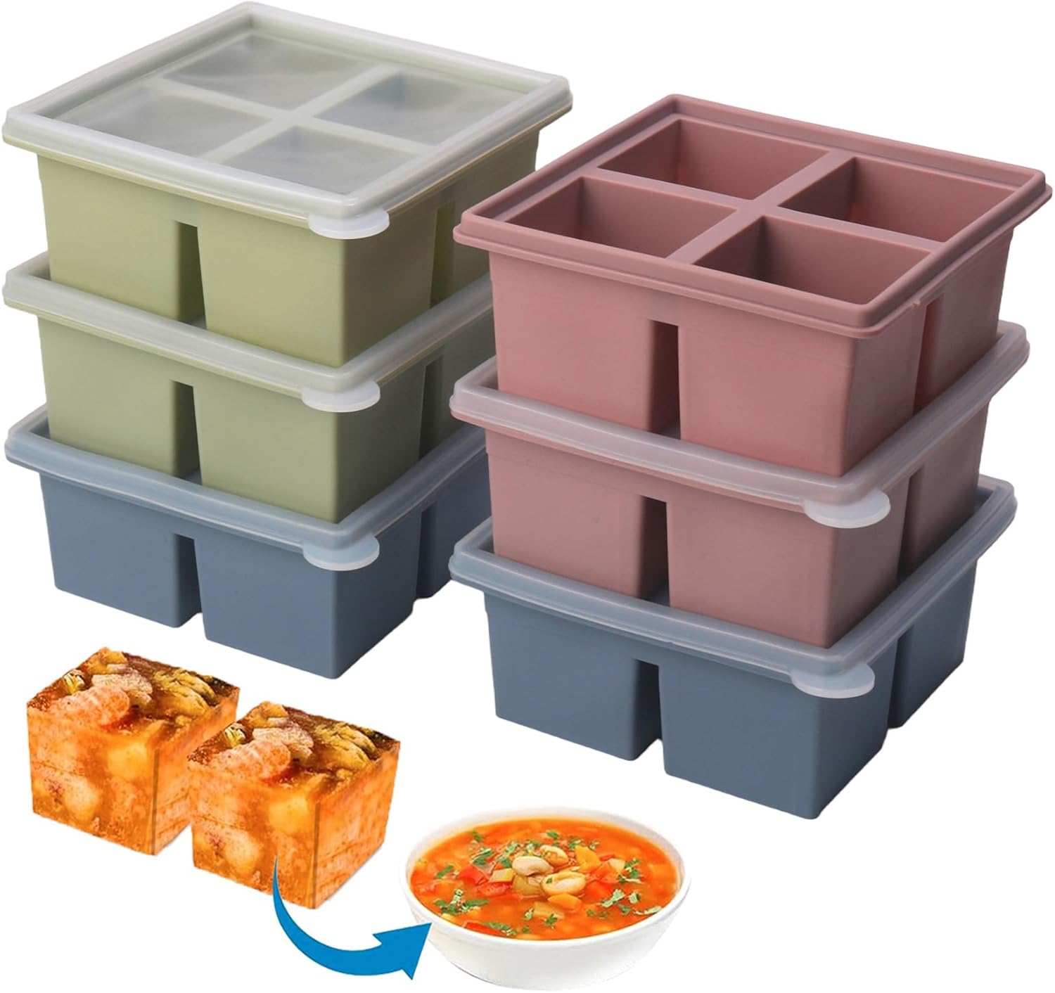 1/2 Cup Silicone Freezer Tray With Lid,Silicone Freezer Molds 6-Pack For meal prep & freezing of various sauces and other dishes, makes 24 perfect 1/2 cup portions cubes (Multicolor 6 Pack)