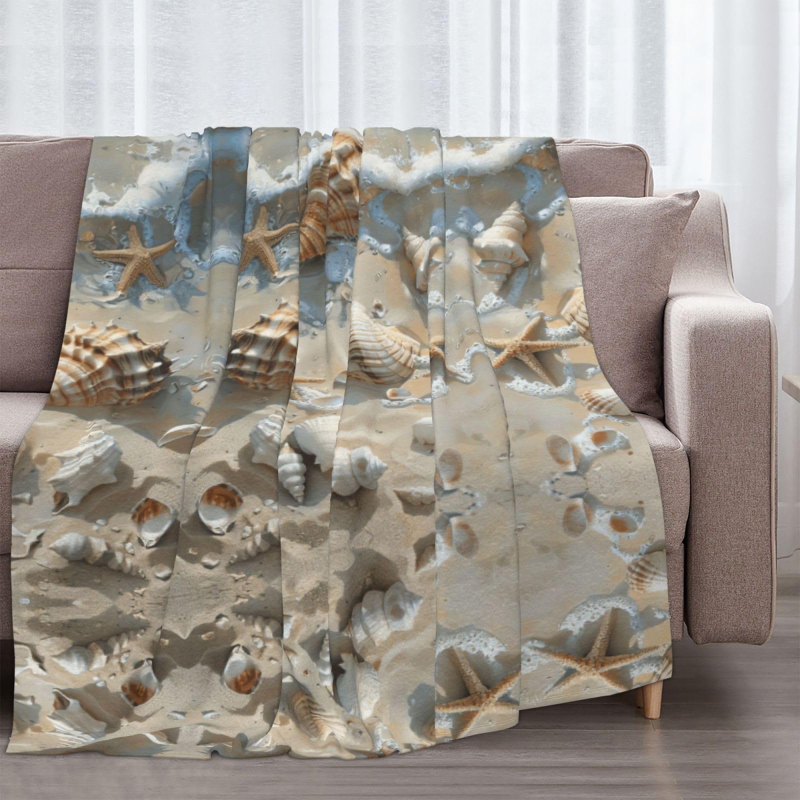 Gemütliche Flanelldecke, 178 x 203 cm, Muschel-Sanddruck, Überwurf für Sofa, Bett und Camping, weiche Winterdecke für ultimativen Komfort und Wärme