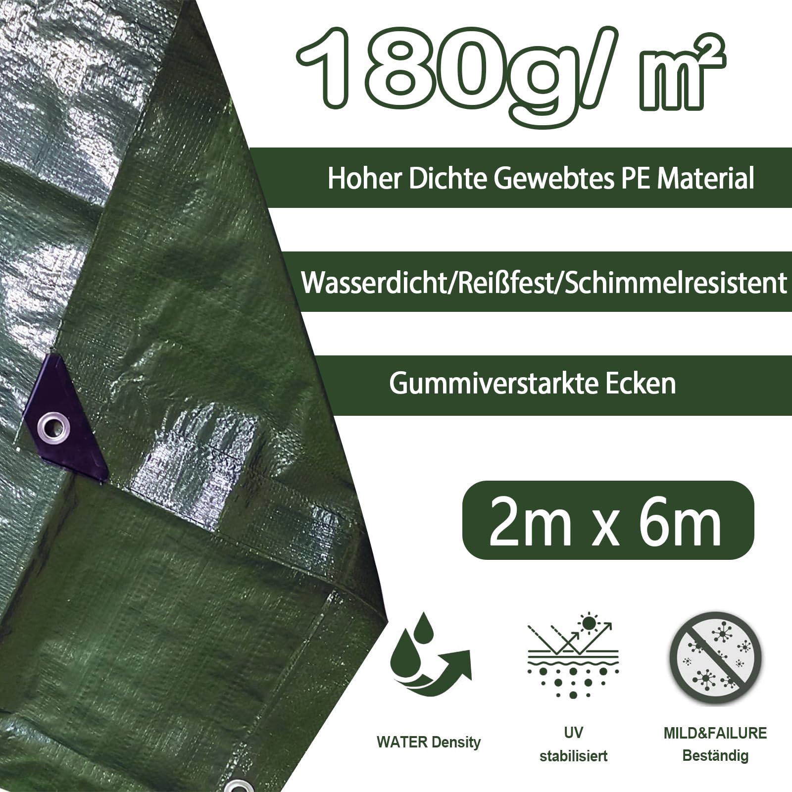 Lona de Tela de 2x6 m, 180 g/㎡, Verde/Plateado, Impermeable, Lona para Camiones con Ojales, Lona Protectora, Lona para Barcos, Lona de Madera para Muebles de jardín, Cubierta para Piscina, Tram