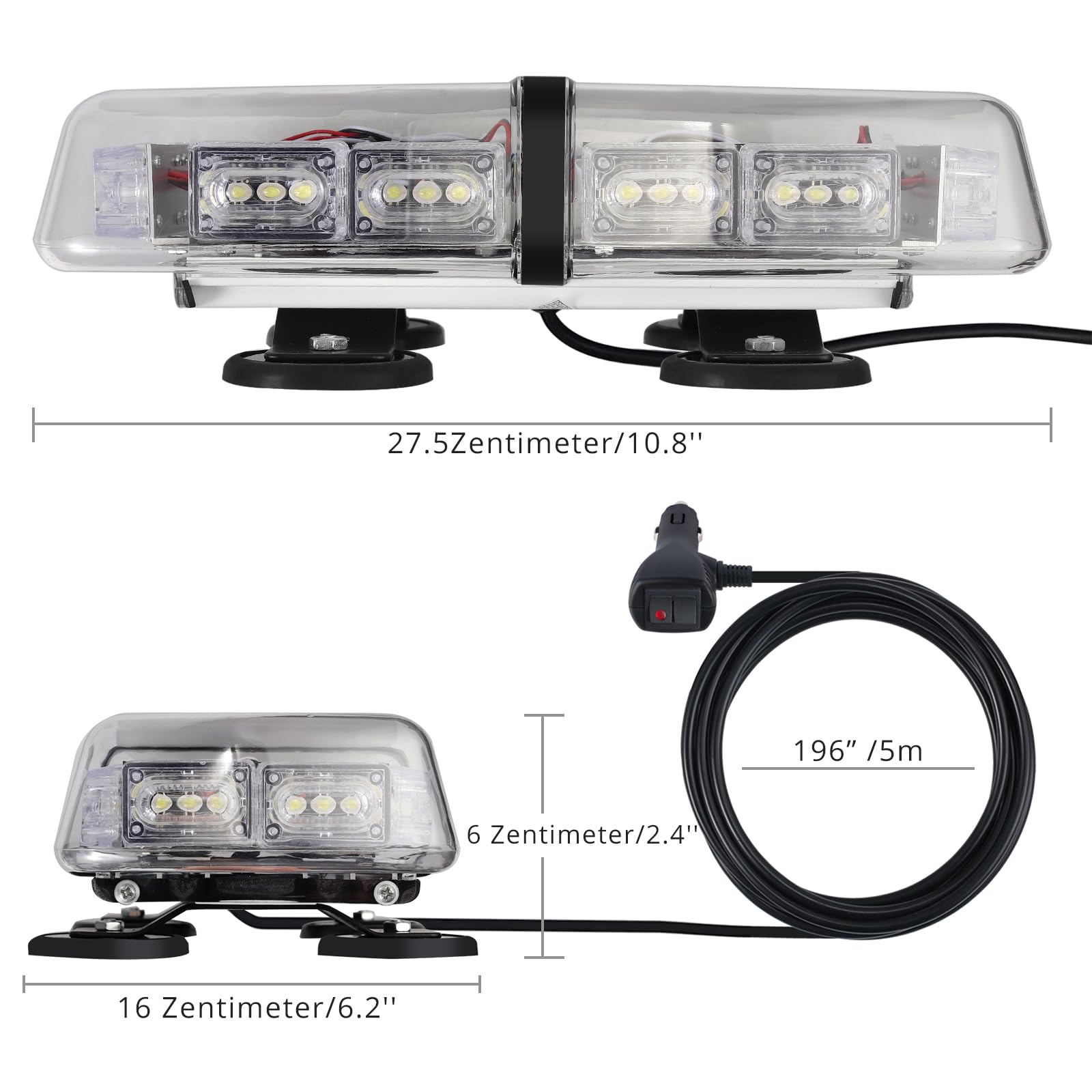 PROZOR 36LEDs 12V/24V Notfall Warnblitzlicht 3-Farb Lichtmodus 36W Warnleuchte mit 4 Starker Magnet Auto Rundumleuchte 7 Modi mit Doppelschalter und 5M Netzkabel für Auto LKW SUV -Weiß & Bernstein