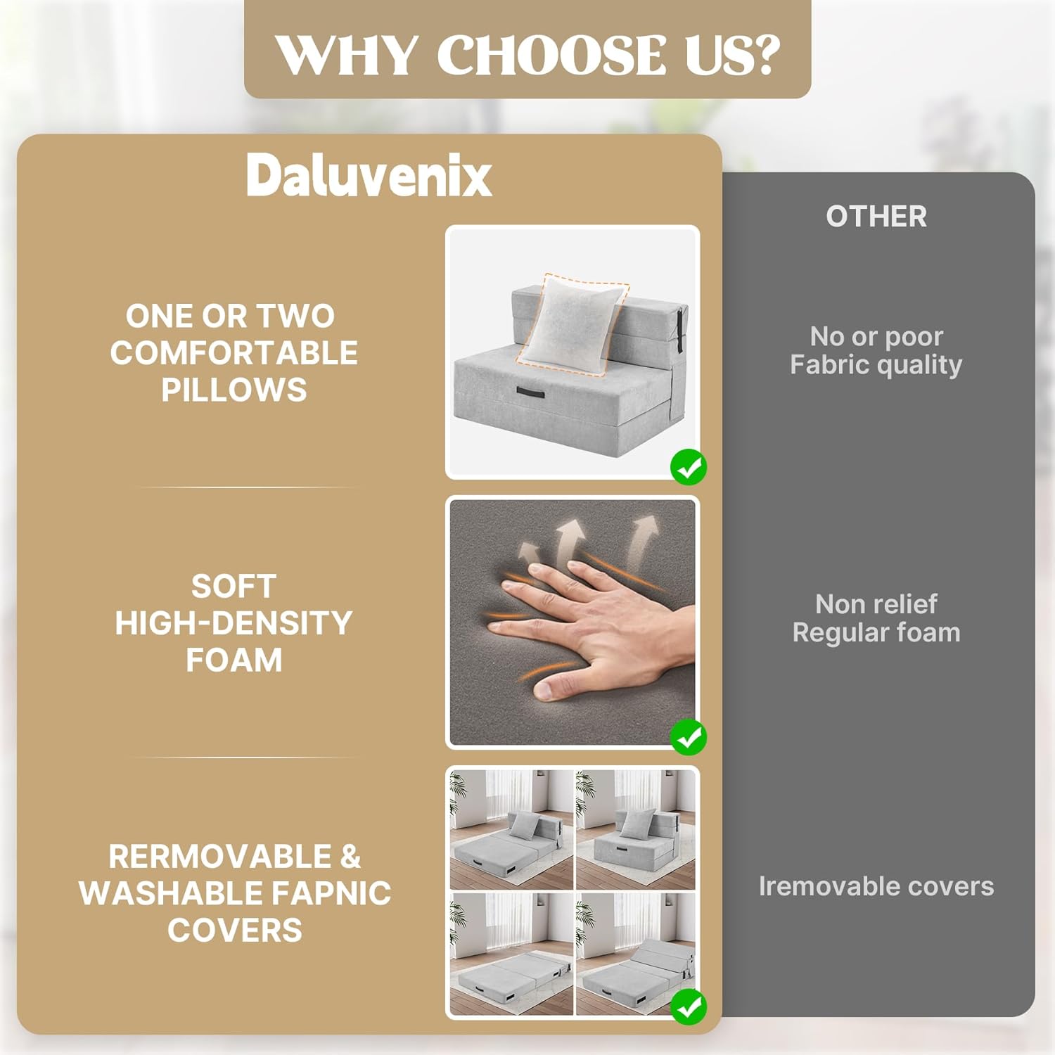 Folding Sofa Bed Couch Futon Sleeper Chair with Pillow, Convertible Futon Couch, Foldable Mattress, Washable Cover, for Living Room/Dorm/Guest Room, Single Size, Light Gray