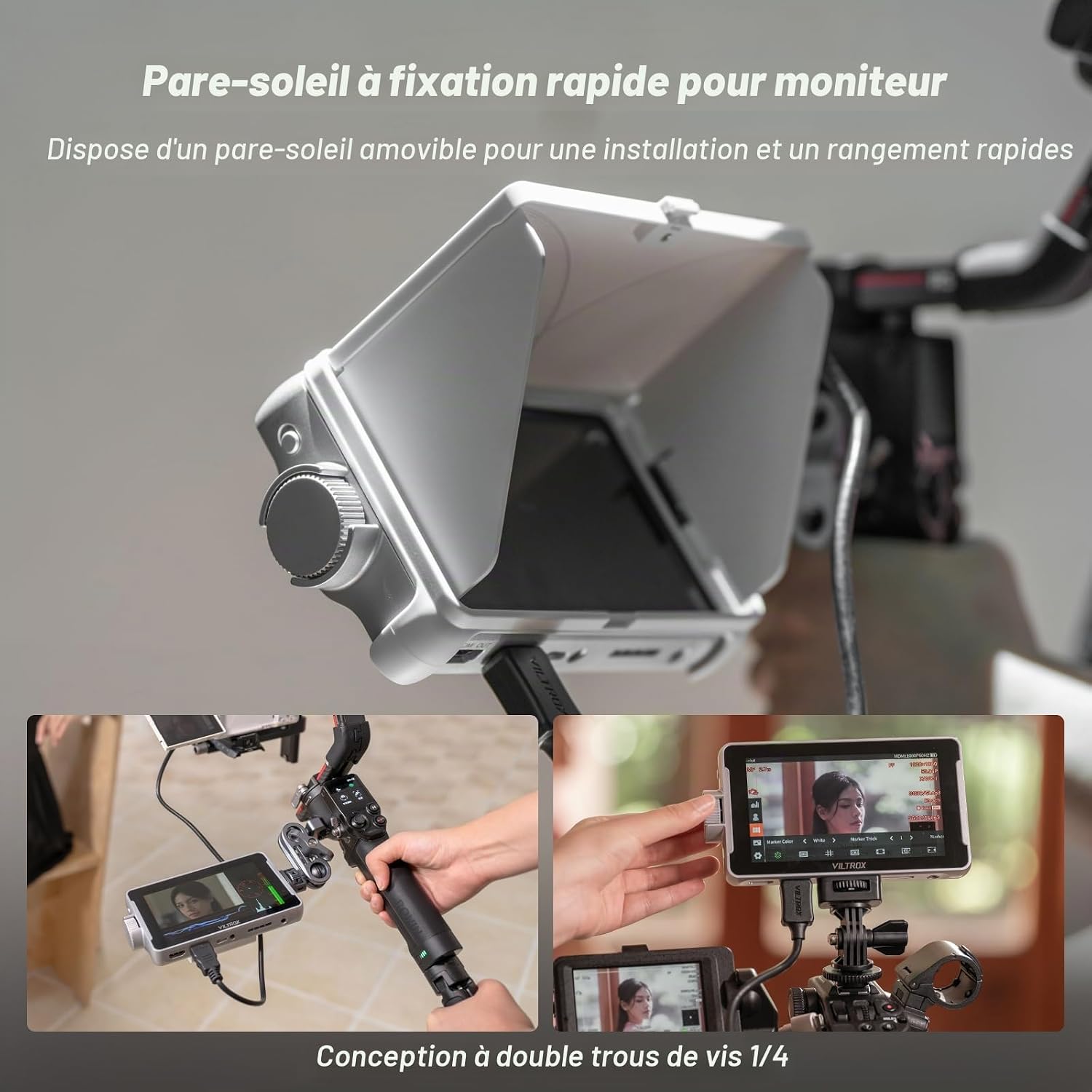 VILTROX DC-V1 Monitor with its quick-release sunhood attached, showing mounting options