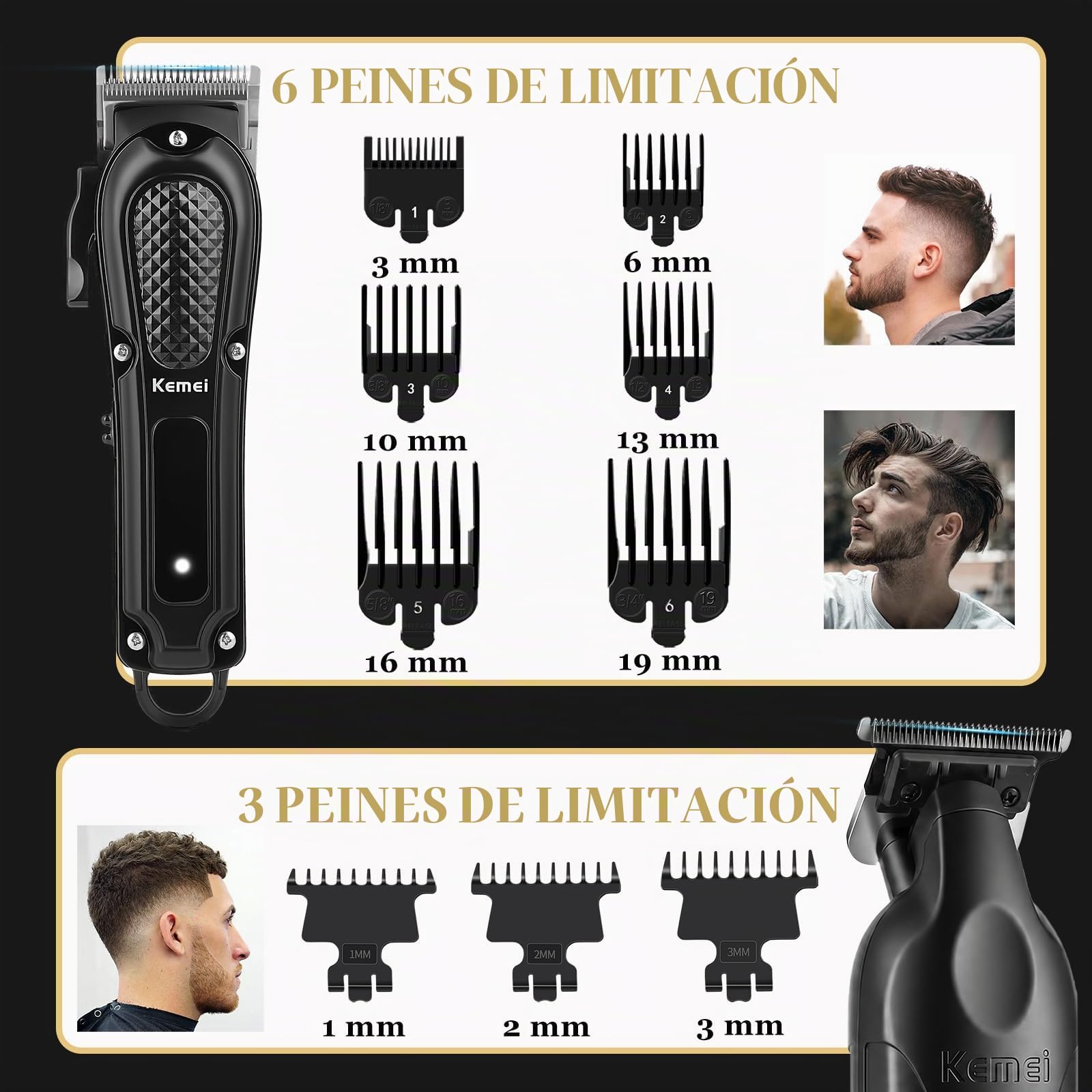 KEMEI Kit Barbería Profesional 3 en 1, Maquina de Cortar Pelo Hombre | Recortadora de Barba Inalámbrico, Afeitadora Eléctrica de Láminas, Carga USB, Cuchillas de Acero, 1071+PG2299+2024