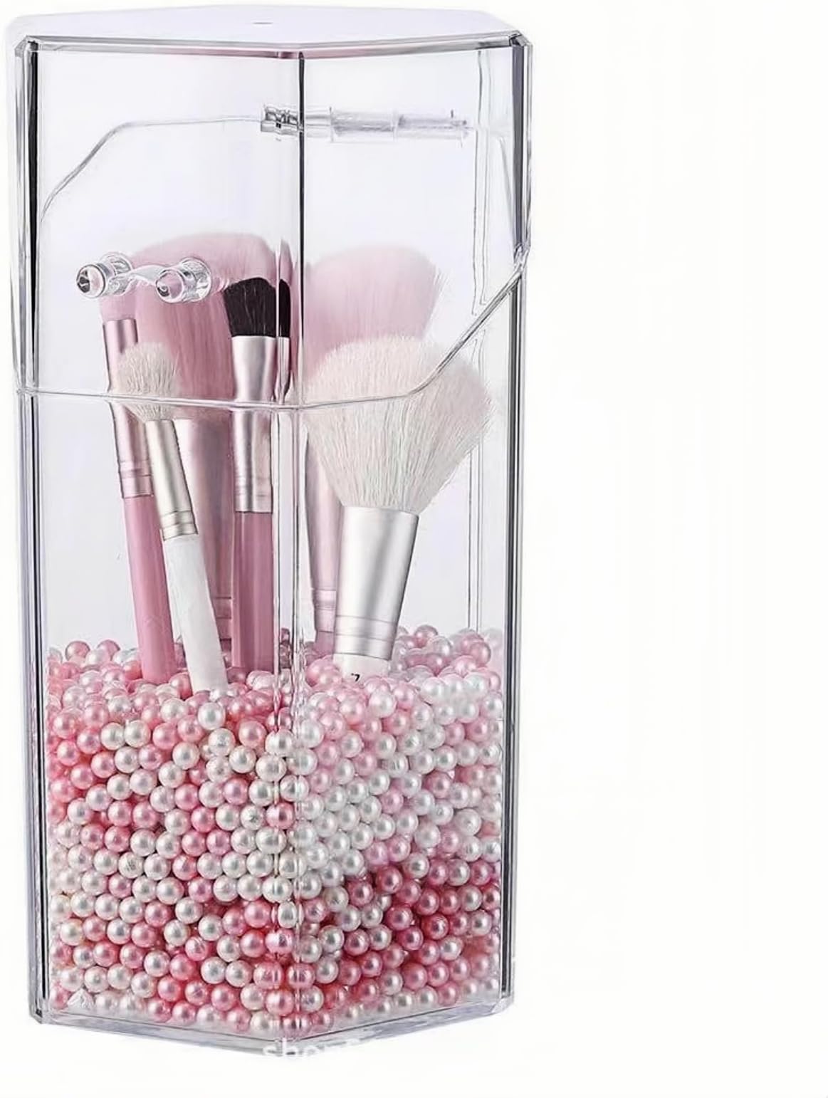 Makeup Brush Holder, Hexagonal Flip-Top Dustproof Cosmetic Organizer, Decorative Pearl Makeup Tool Storage Box, Includes White & Pink Pearls, Ideal for Storing Makeup Brushes & Eyebrow Pencil
