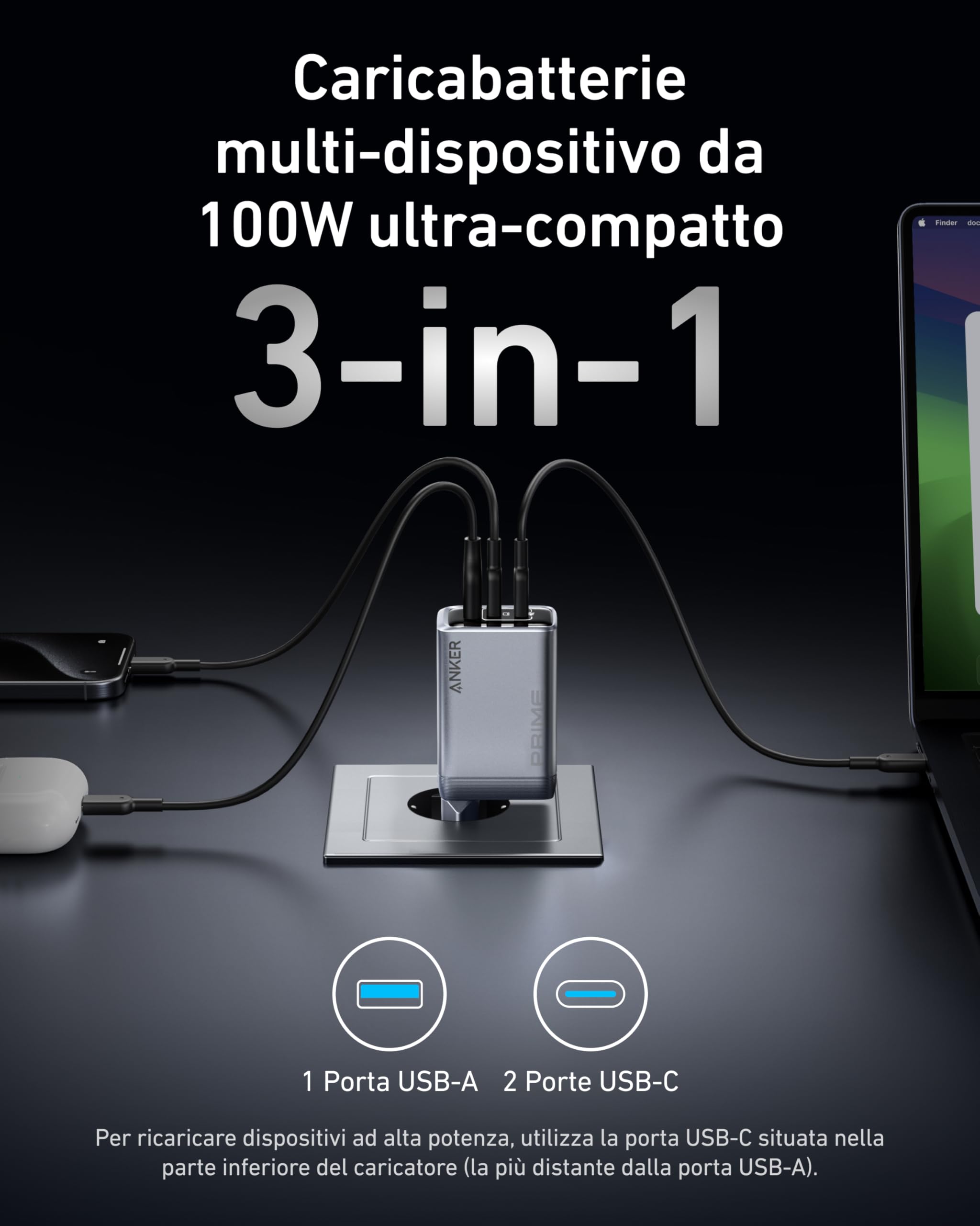 Anker Caricatore USB C 100W Prime GaN, pieghevole e compatto, 3 porte GaN