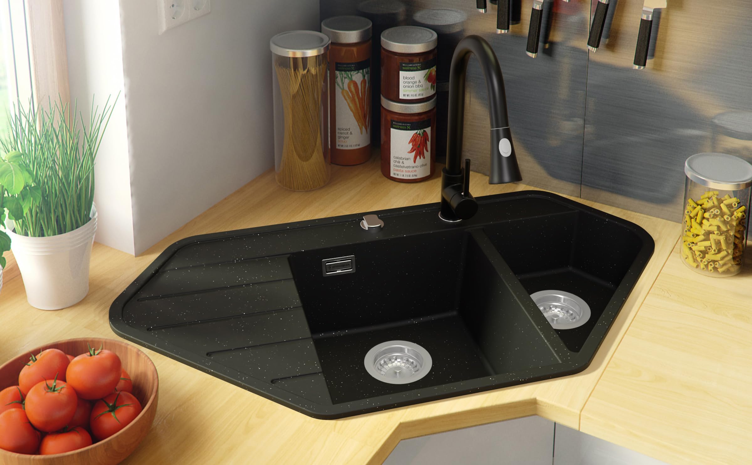 PRIMAGRAN Spülbecken Schwarz Metallic - Kopenhagen, 90x50cm | Granitspüle 1,5 Becken + Ablauf-Set, Küchenspüle ab 70er Unterschrank (S004)