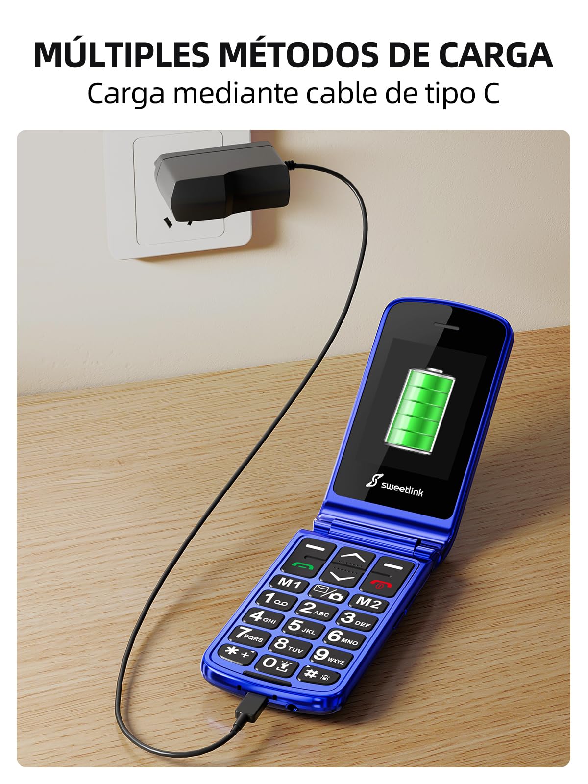 SweetLink F2 Teléfono Móvil para Personas Mayores, con Tapa de Teclas Grandes y Volumen Alto, Botón SOS, Contactos con Imágenes, USB-C, Doble SIM, Pantalla 2,4", FM Radio, Azul