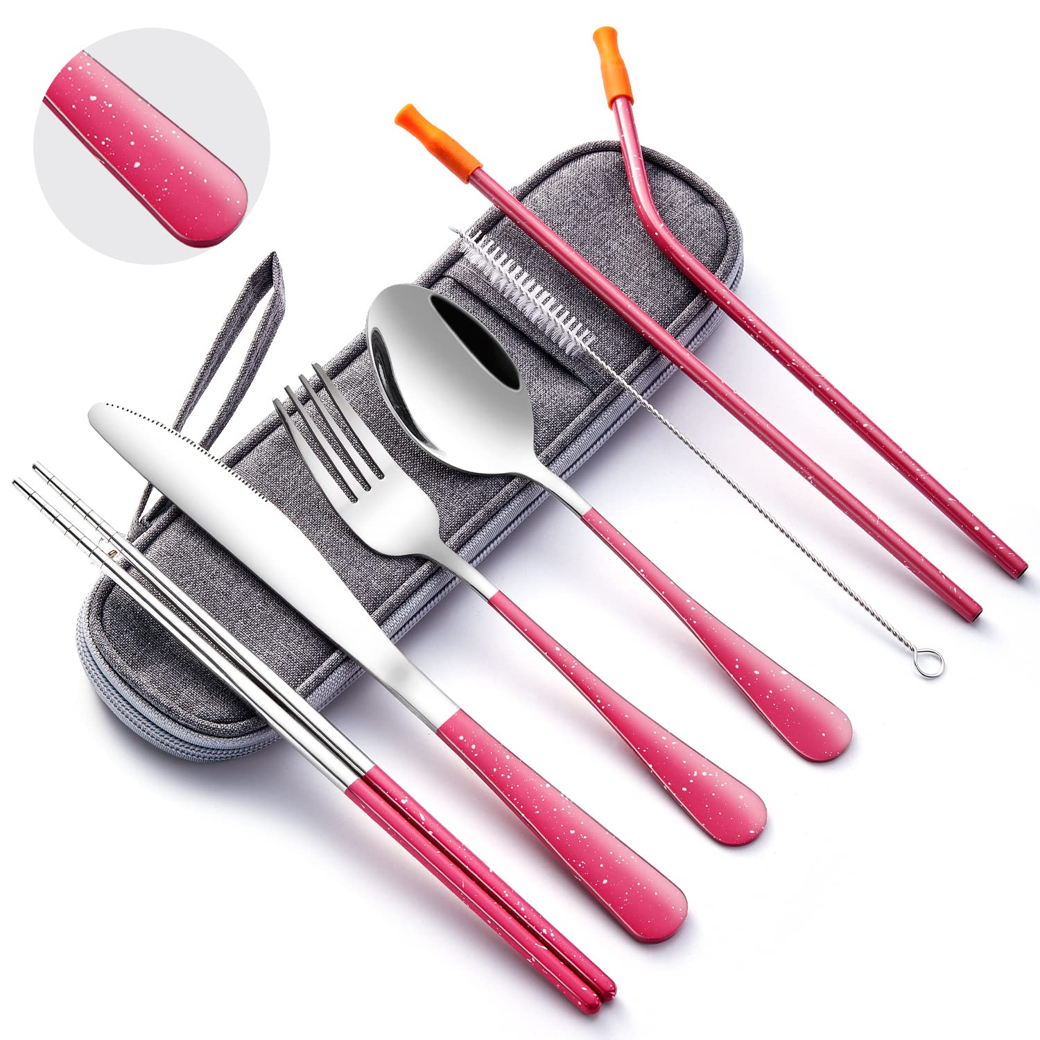 Portable Stainless Steel Flatware Set,Travel Utensils,Reusable Silverware Set To Go Portable Cutlery Set with a Waterproof Carrying Case for Lunch Boxes Workplace Camping School Picnic (Deep pink)