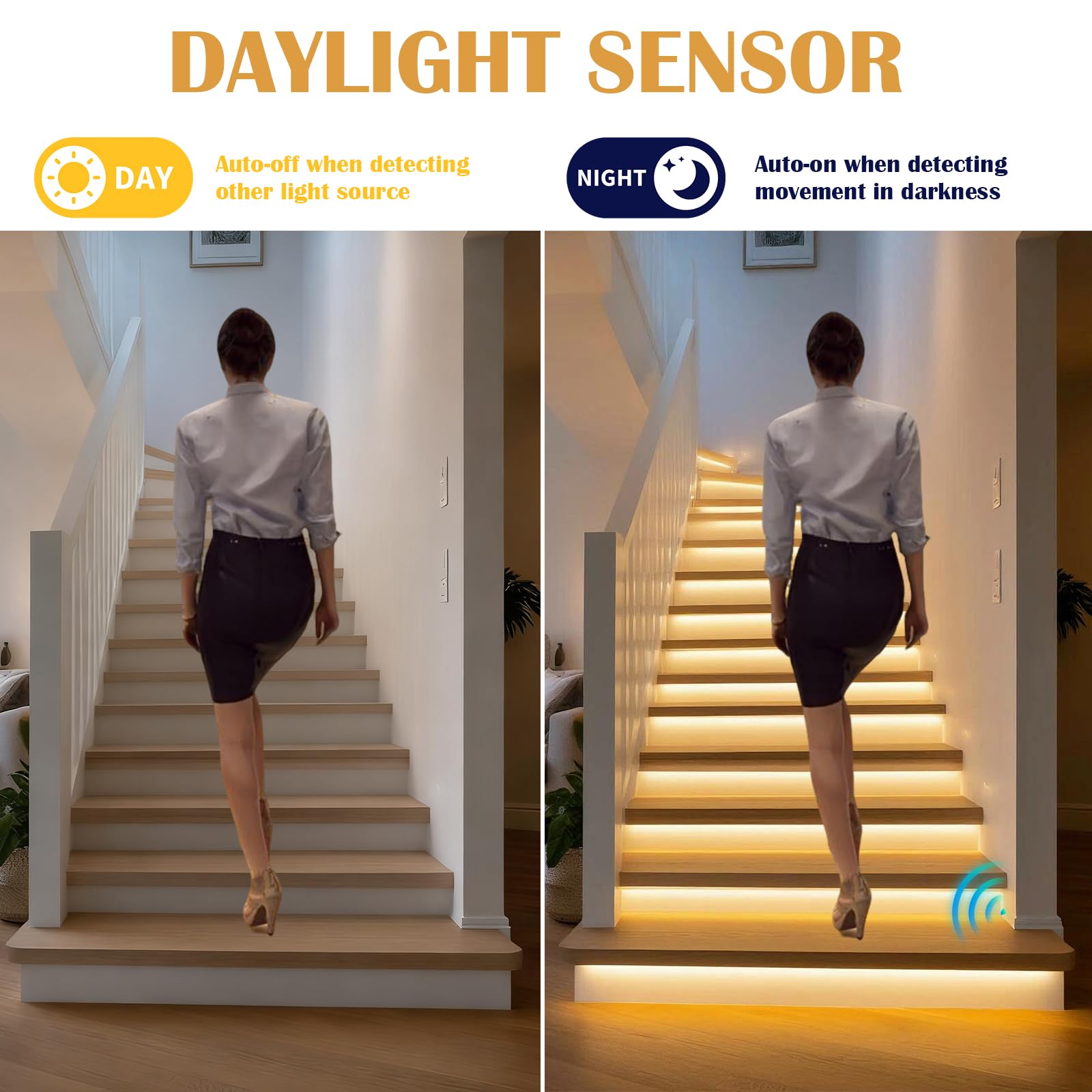LED-Treppenstufenbeleuchtung mit Bewegungsmelder & Tageslichtsensor,100cm Zuschneidbarer LED-Lichtstreifen für Innentreppen16 Stufen Treppenlicht