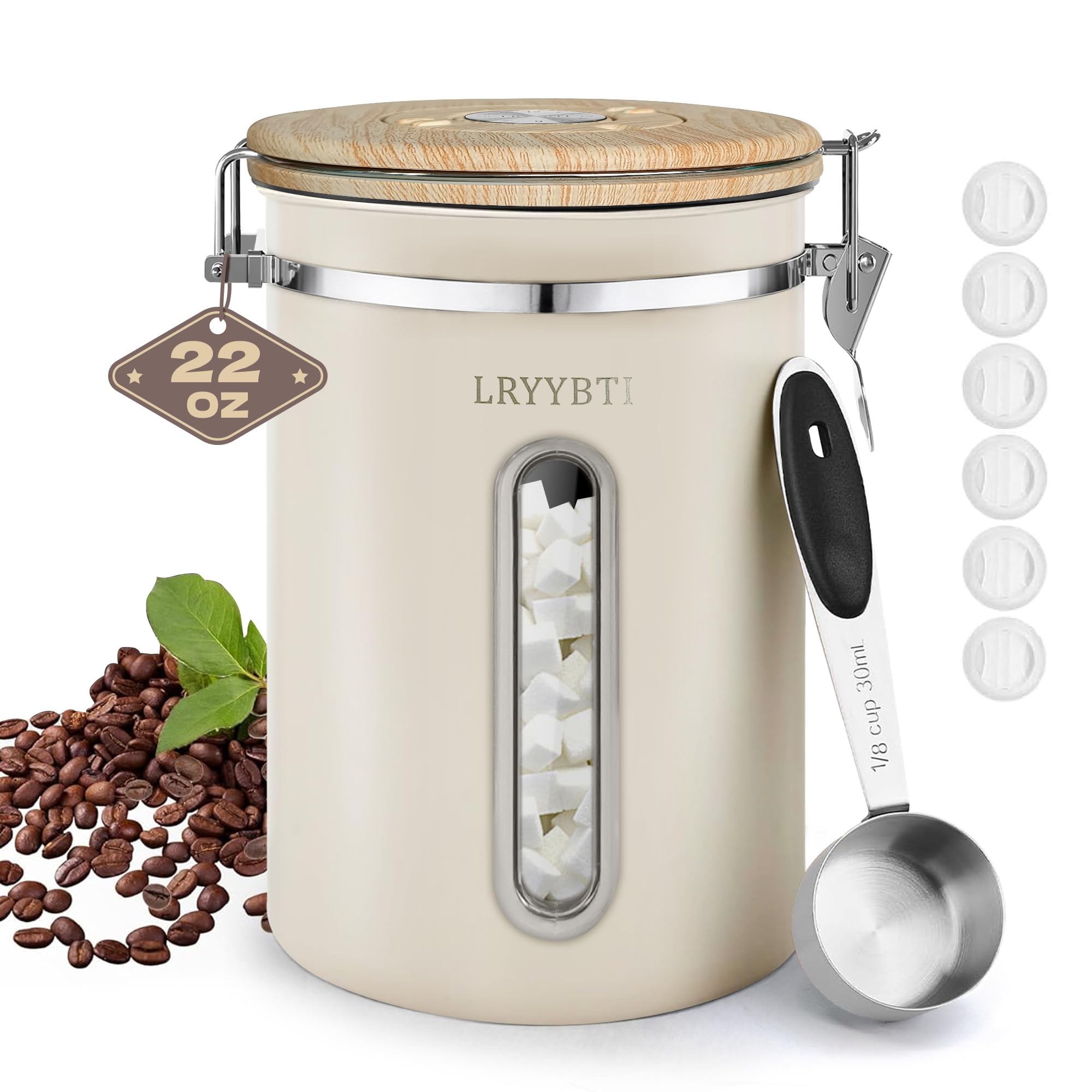 Coffee Canisters with Window,Scoop and Airtight Lid Stainless Steel Kitchen Bean Storage Grounds Container Date Tracker and Scoop for Grounds Coffee Bar Accessories (Cream+window, 22 oz)