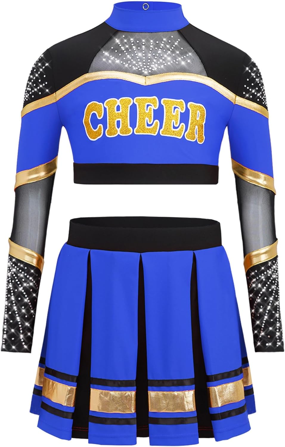 dPois Kids Girls Sparkly Cheerleading Uniform Long Sleeve Crop Top With Pleated Skirt School Performance Outfits