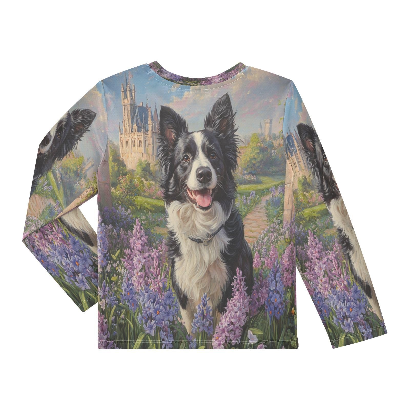 DOMIKING Collie Hyacinths Purple Boys Long Sleeve Rashguard Shirt Kids Quick Dry Swim Shirt for Kids Toddler 9-10T