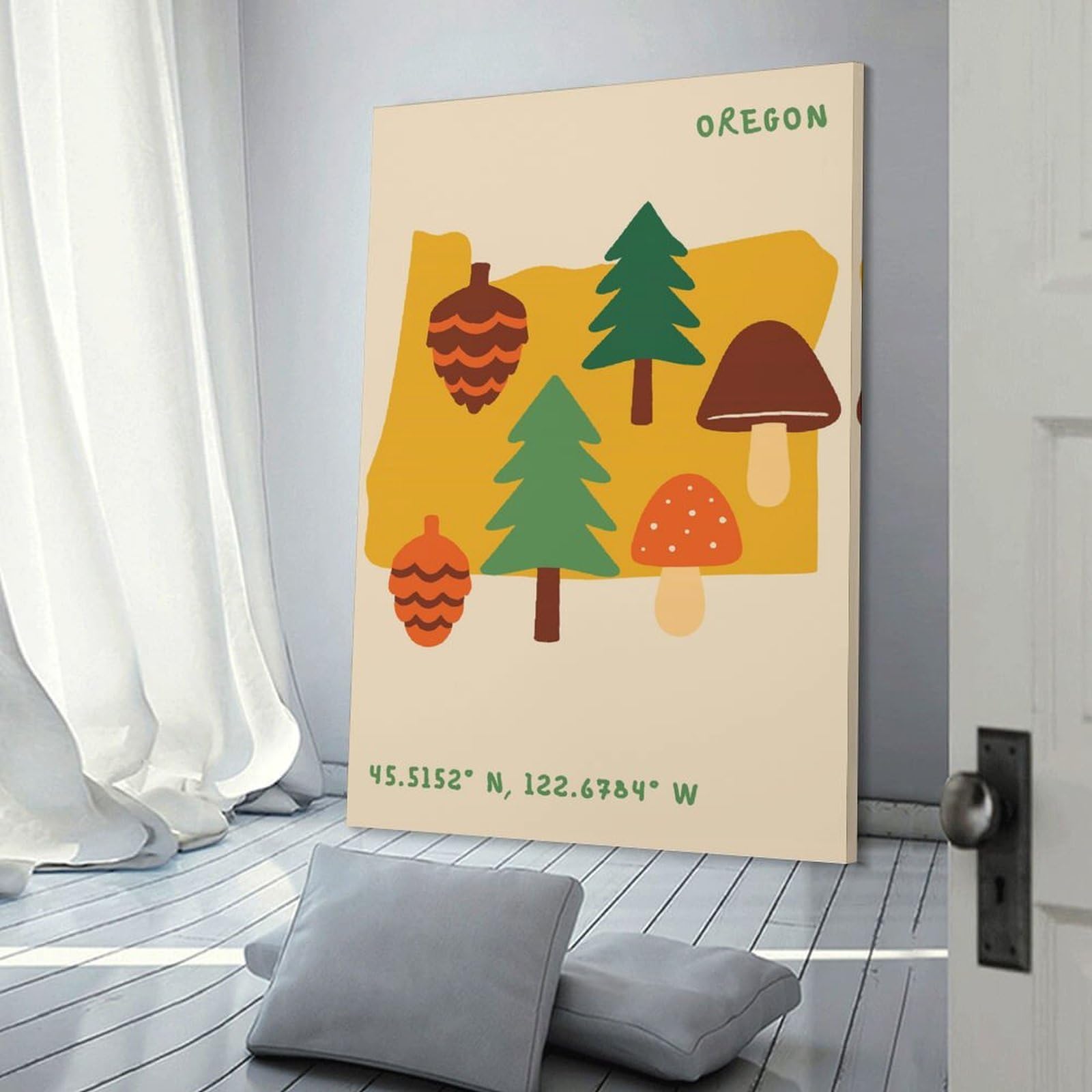 Junmoney Oregon State Map with Nature Elements Room Decor Wall Art, 20x30inch(50x75cm), for Bedrooms, Workspaces And Everyday Interiors, An Adaptable Decor Piece for Home Use