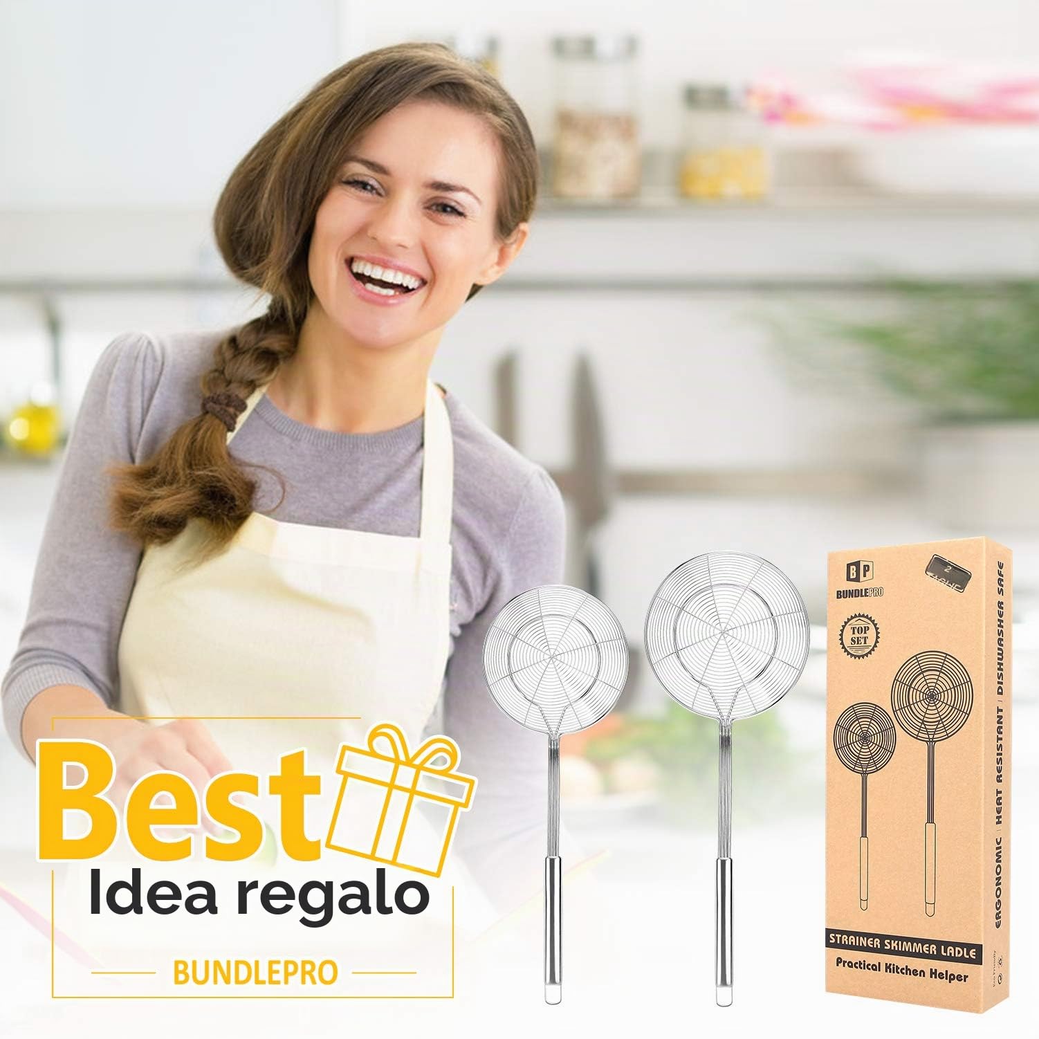 Confezione da 2 grandi colini a ragno, cestello per schiumare in acciaio inox, colini per mestoli da cucina, cucchiai a rete con manico lungo, strumenti di cottura per frittura, gnocchi