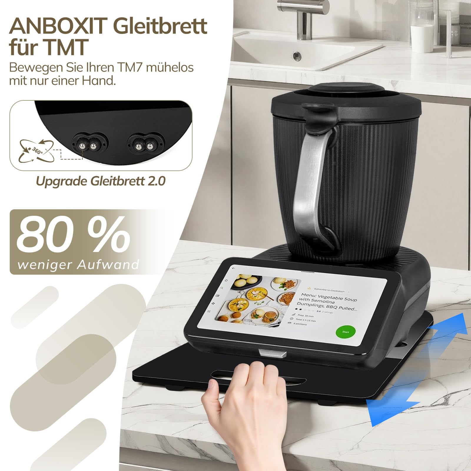 Gleitbrett TM7 für Thermomix, Brett für Thermomix mit 360° Rollen, Stopper & Gummifüßen, Müheloses Verschieben des TM7 Hochwertiger Rollbrett Zubehör für sicheren Stand der Küchenmaschine, Schwarz