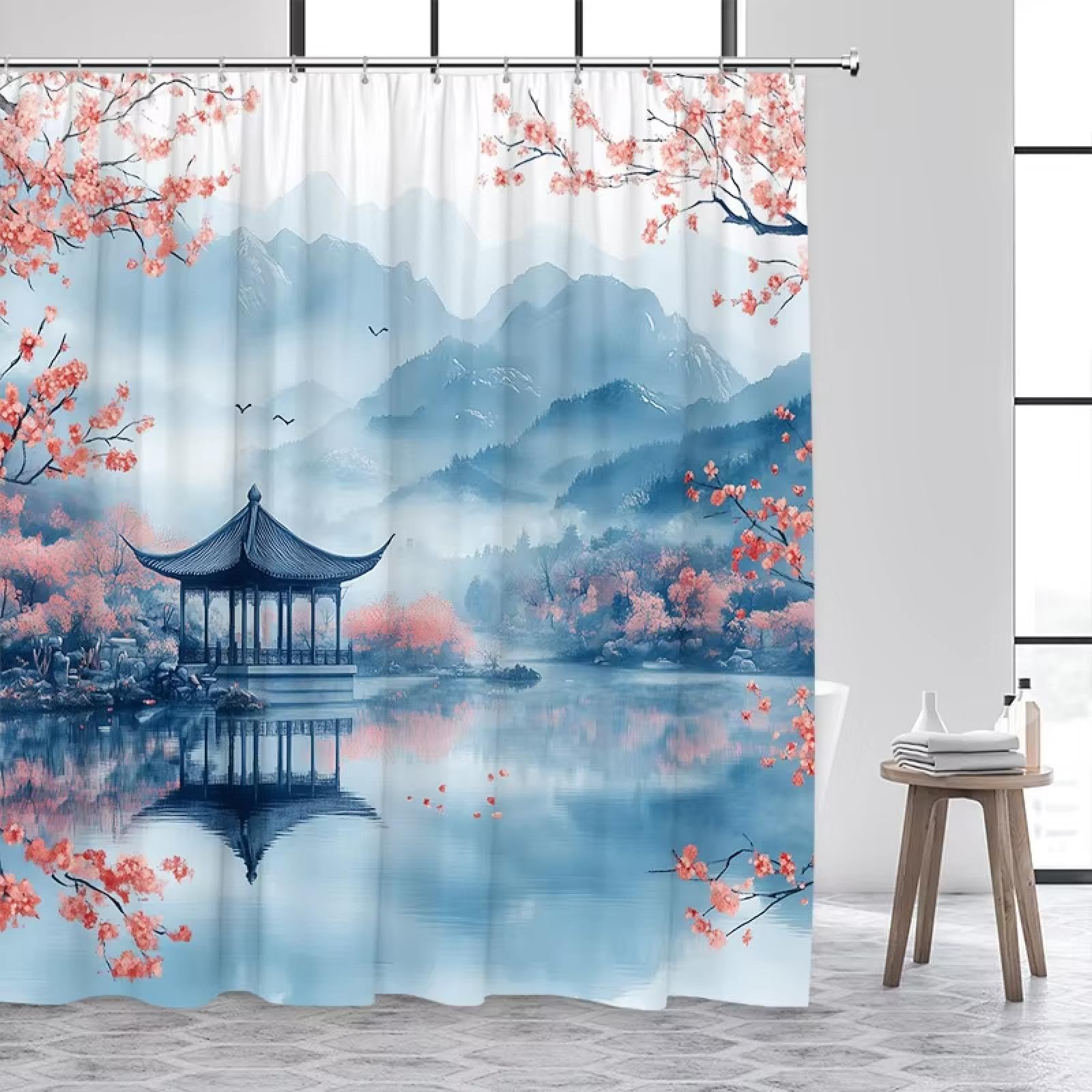 Rideau de douche anti-éclaboussures motif pavillon et lac pour salle de bain zen