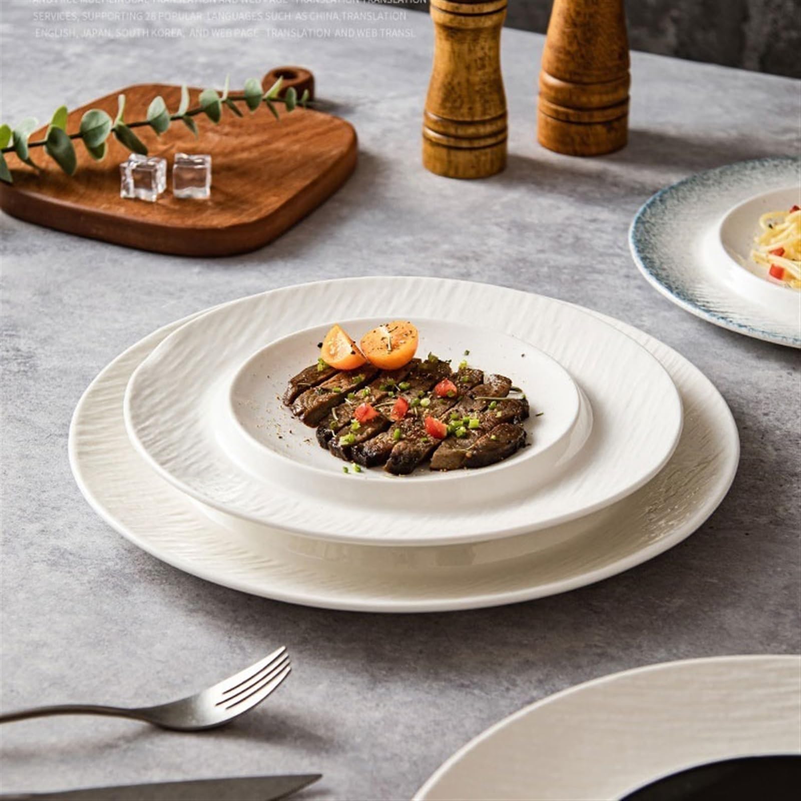 Assiettes de service Assiette en céramique en grès givré, sensation Premium, assiette de nourriture occidentale créative, assiette à Steak, assiette de service peu profonde Assiette réutilisable(Blanc