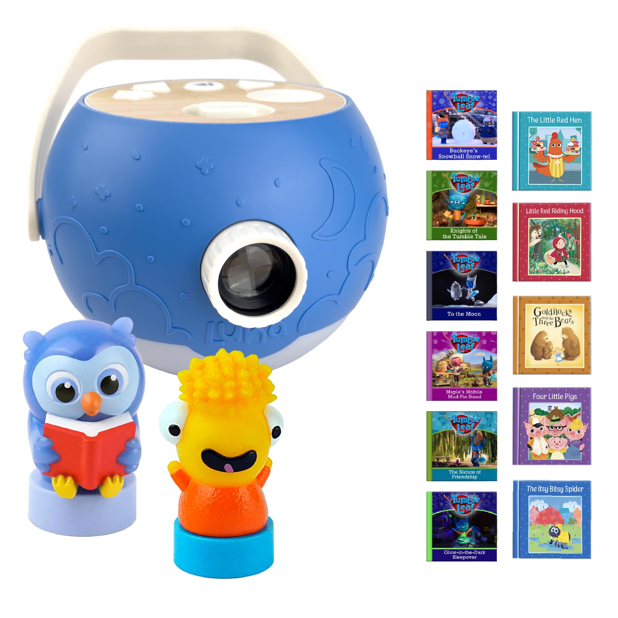 Kinderbuchprojektor – Eule & Trommelblattfeige + Stick-Bundle | 11 Vorlese-Geschichten & 5 Lieder | Geschichtenprojektor, Nachtlicht und Musik-Player | bildschirmfreies Lernspielzeug