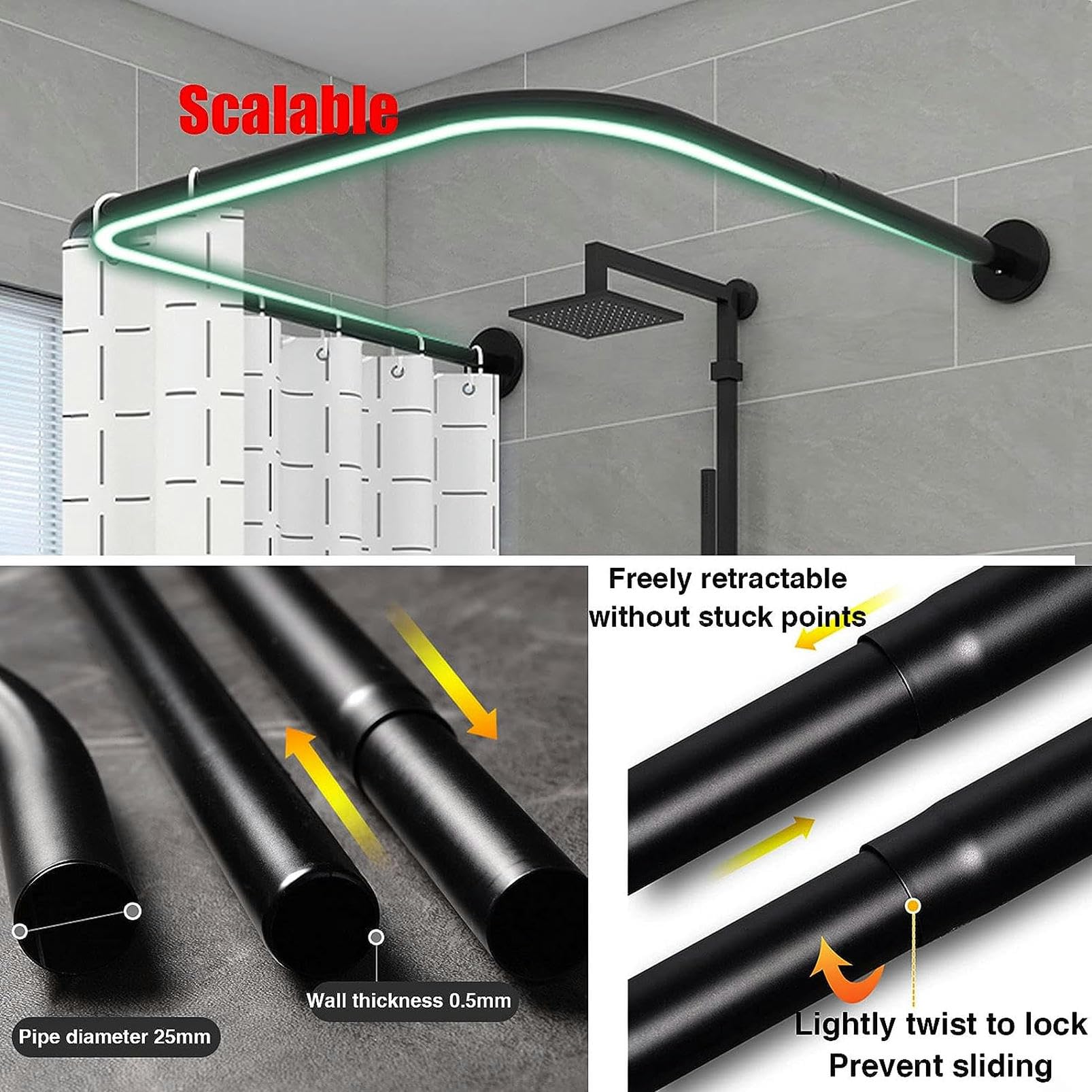 Barra de ducha curvada ajustable, barra de cortina telescópica en forma de U, acero inoxidable a prueba de óxido, montaje en pared sin taladros para baño, riel negro extensible