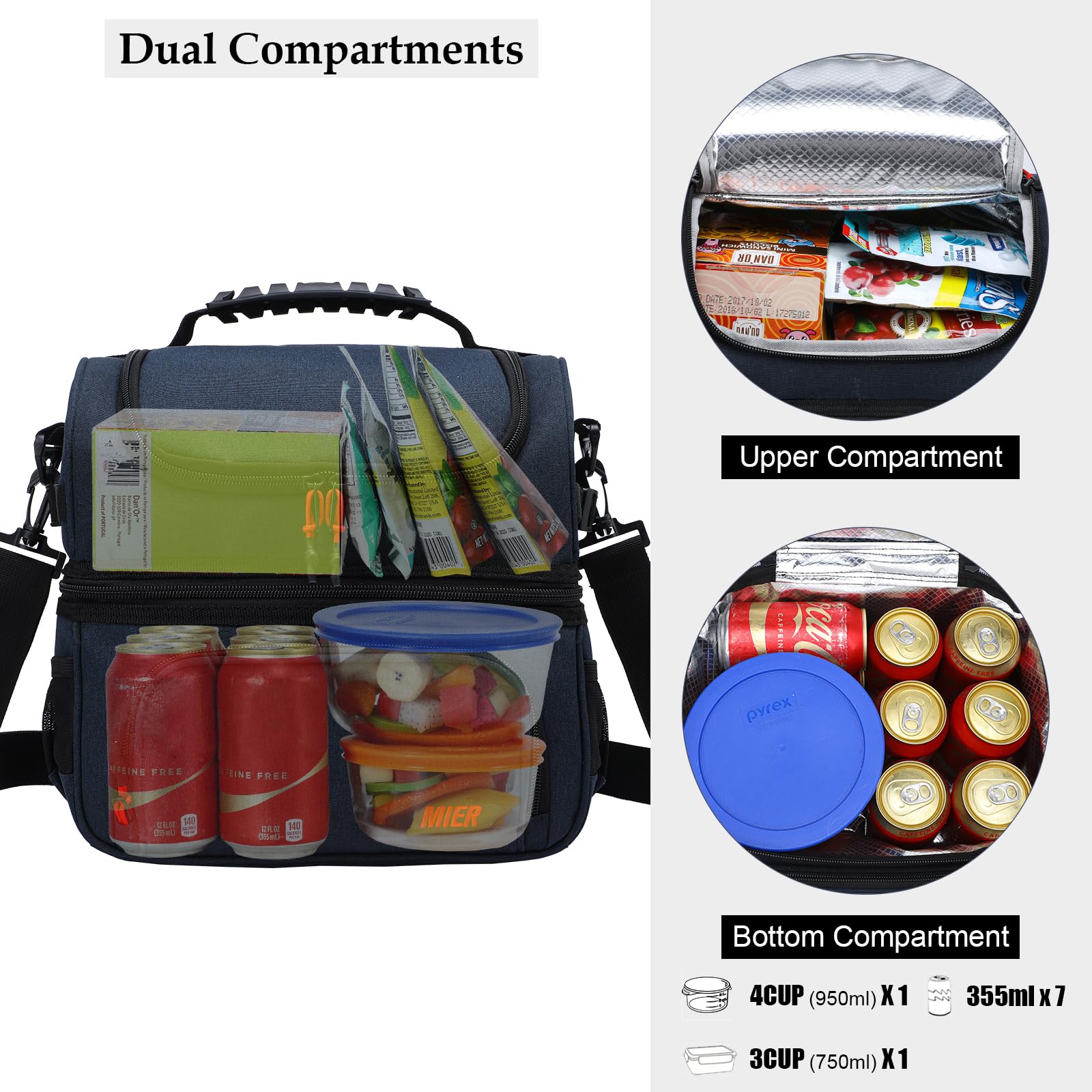 MIER Lunch Bag Men Double Deck Lunch Box Bag,Insulated Leakproof Cooler Bag Adult with Multiple Pockets for Work (Dark Blue) - Image 4