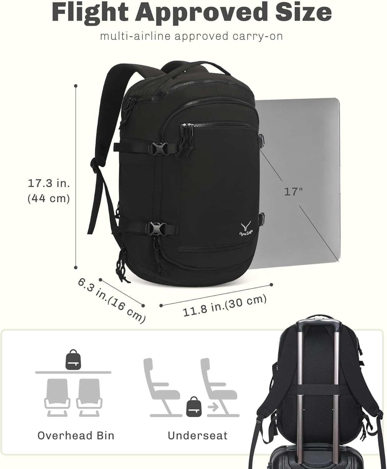 Hynes Eagle Travel Laptop Backpack 16 inches Lightweight Flight Approved Carry on Personal Item Bag Weekender Bag Daypack 20L Black with Wristlet Wallet Black