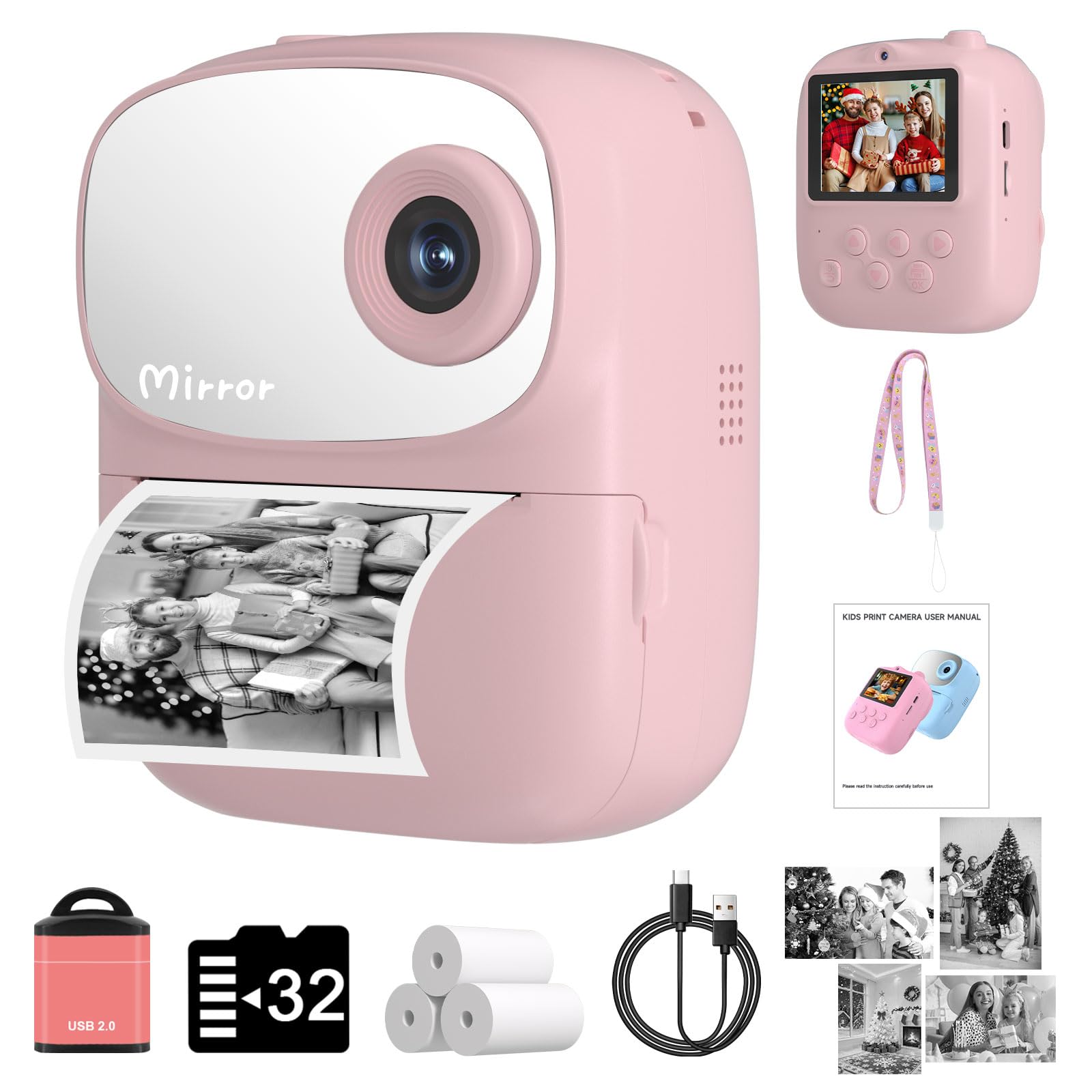 Kids Camera Instant Print for Kids with Mirror, HD Dual-Lens Selfie Digital Camera with 3 Rolls Print Paper & 32GB Card, Holiday Birthday Gifts Toys