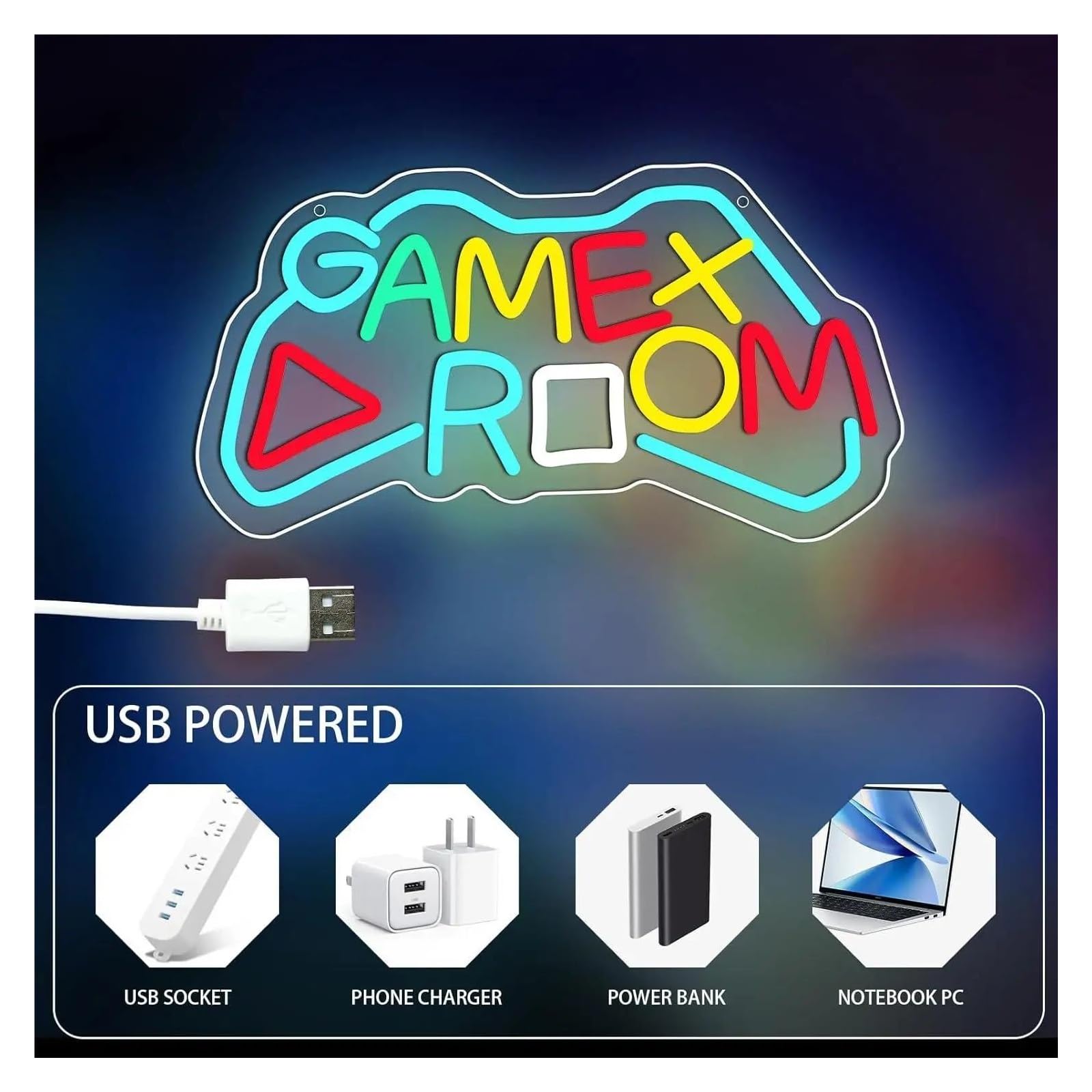 Luci al Neon Da Parete Insegna Al Neon "Game Room" Con Dimmer USB – Decorazione Da Parete A Tema Controller Gaming Per Camere Da Letto, Stanze Di Ragazzi E Adolescenti 15.75x8.52inch