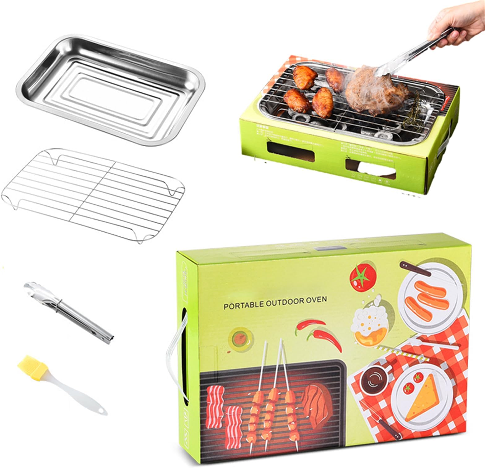 WLSANXDisposable Grill Outdoor Portable 30 cm Charcoal Grill Cooking Grill Kit Lightweight Ready To Use Grill Set Small Outdoor Picnic Group Building Grill BBQ Camping Deck (Green, Rectangle 11.8 IN)