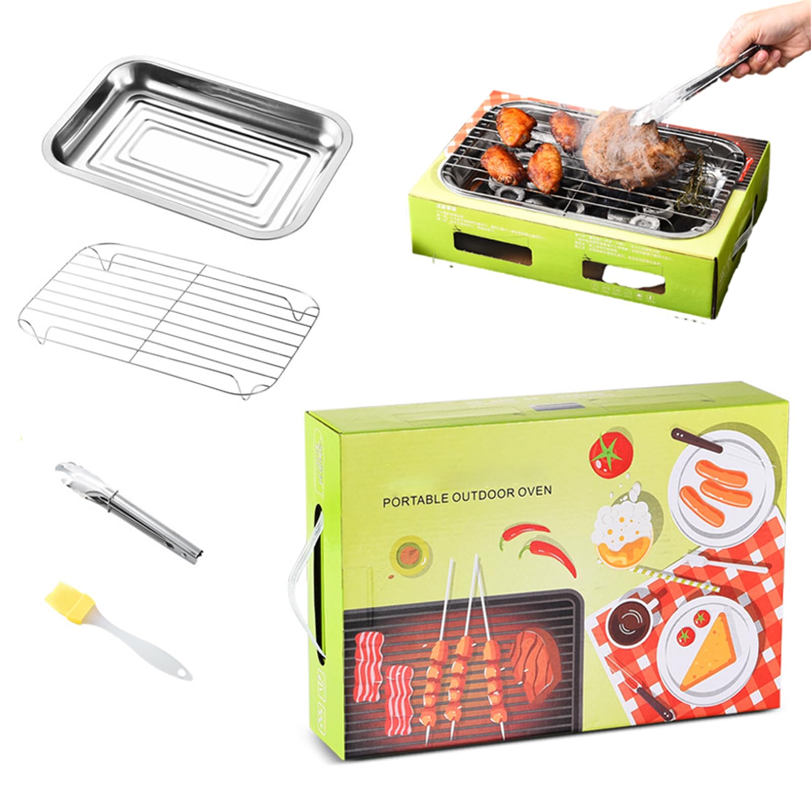 WLSANXDisposable Grill Outdoor Portable 30 cm Charcoal Grill Cooking Grill Kit Lightweight Ready To Use Grill Set Small Outdoor Picnic Group Building Grill BBQ Camping Deck (Green, Rectangle 11.8 IN)