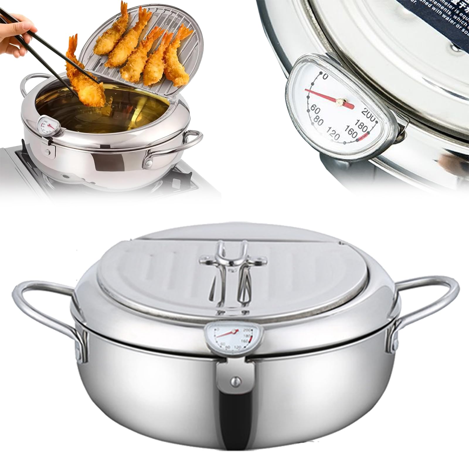 Stainless Steel Deep Fryer, Built-In Thermometer Deep Fryer,Japanese Deep Fryer Pot Extra Large with Thermometer and Oil Drip Drainer Rack, For Making Tempura, Fried Chicken Deep Fryer (11IN/4.2L)