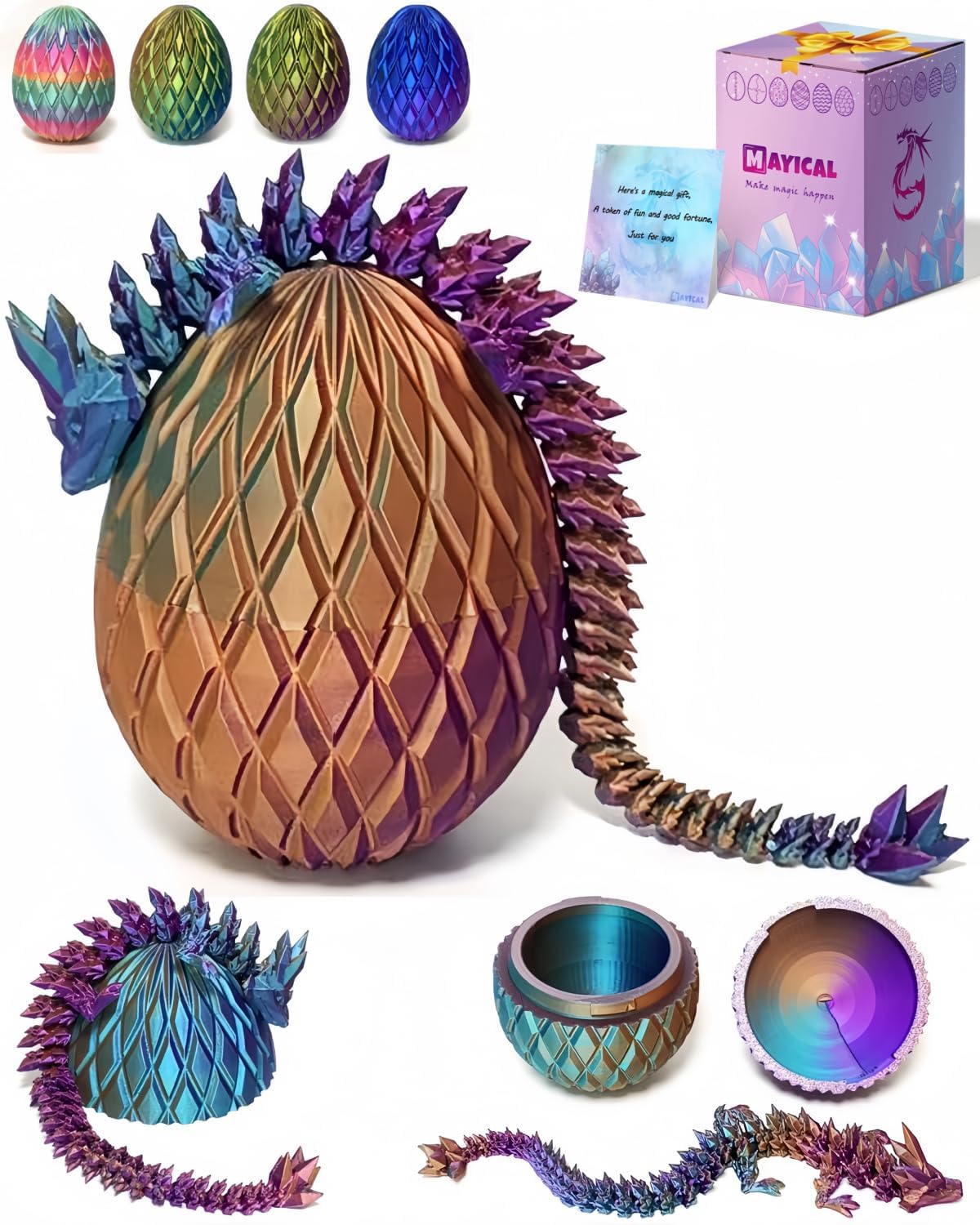 3D Printed Dragon Egg, Large 12" Mix 4 Laser Colors Crystal Dragon in Eggs with Gift Box & Card, Mystery Box Bifthday Gifts (PurpleOrangeBlueGreen)